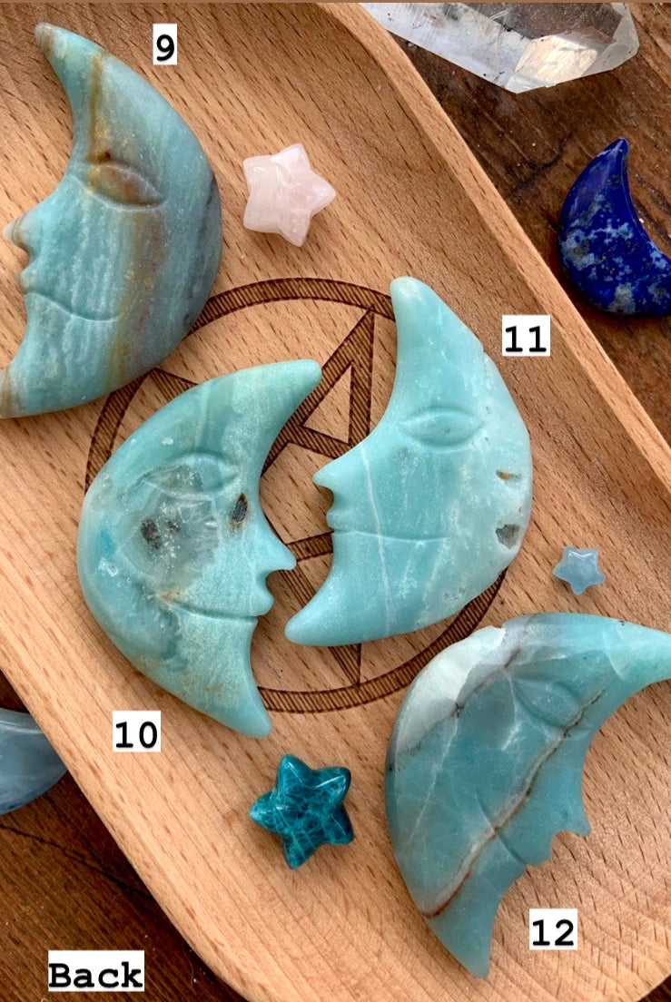 AMAZONITE MOON, Hand Carved Crescent Moon Face, Crystal Moons by Wild Mountain Crystals in Mt Shasta