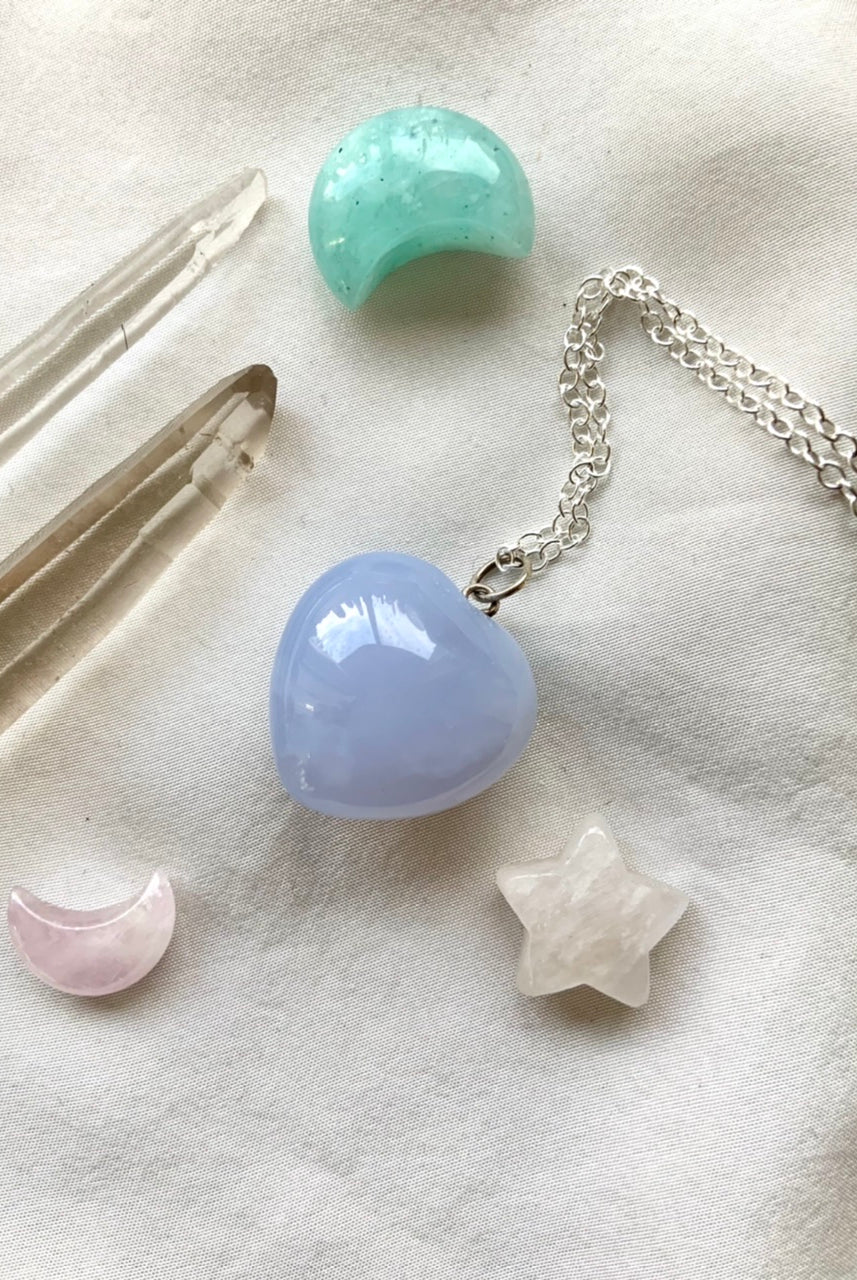 BLUE CHALCEDONY Heart Pendant with 925 Sterling Silver Chain
