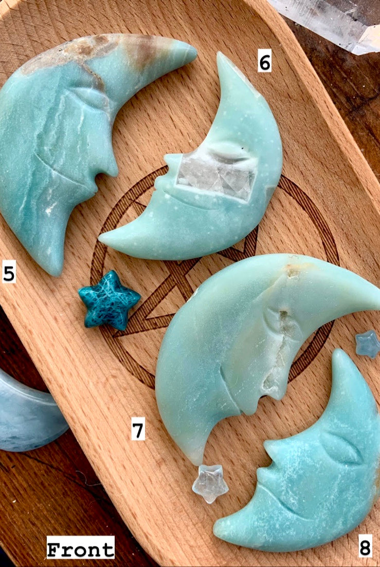 AMAZONITE MOON, Hand Carved Crescent Moon Face, Crystal Moons by Wild Mountain Crystals in Mt Shasta