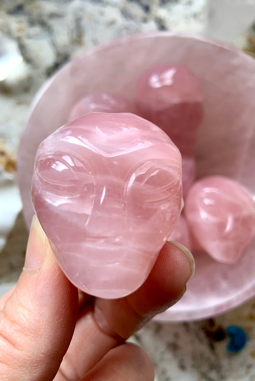 Rose Quartz alien head carving with large eyes and defined brow, shown in a pink crystal bowl on altar