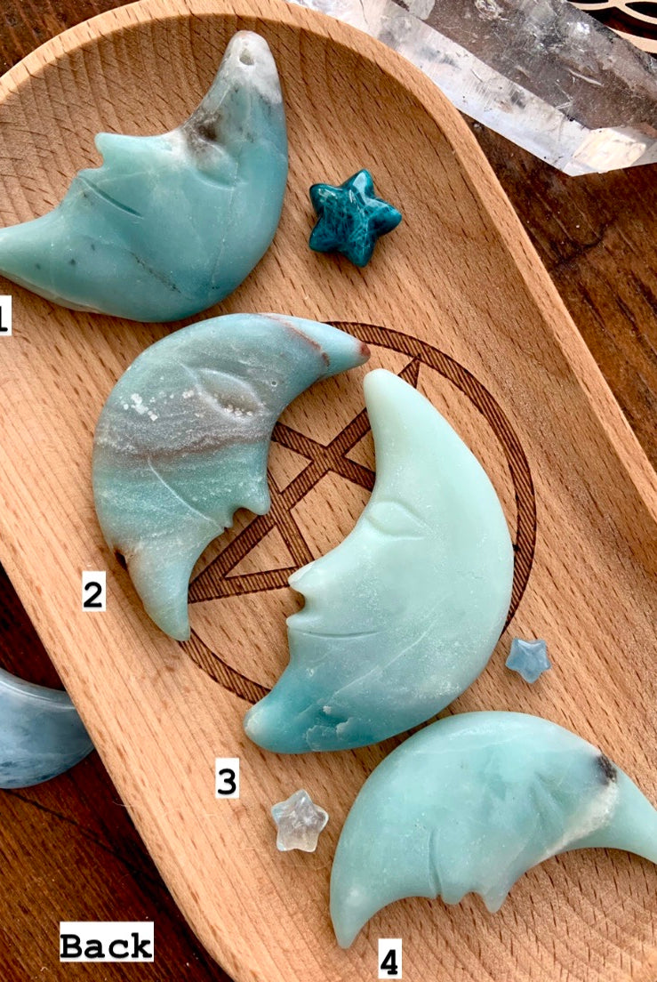 AMAZONITE MOON, Hand Carved Crescent Moon Face, Crystal Moons by Wild Mountain Crystals in Mt Shasta