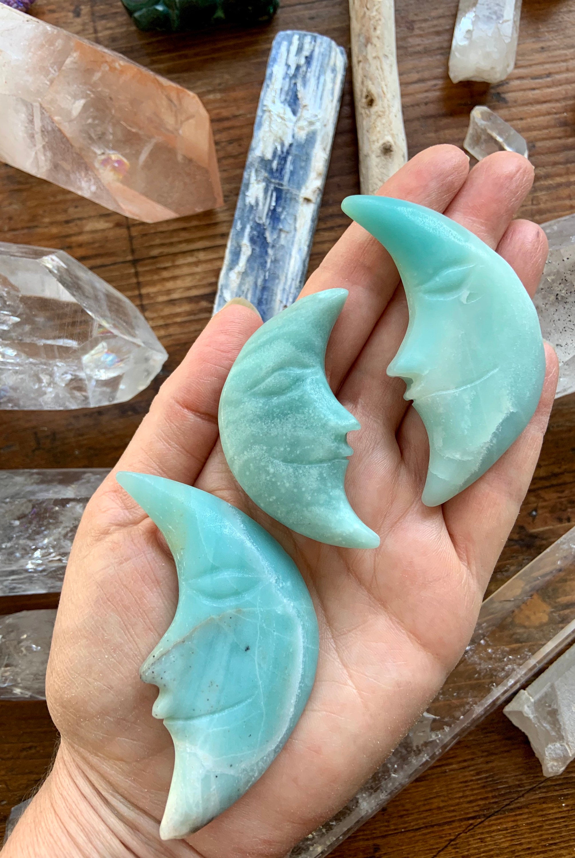 AMAZONITE MOON, Hand Carved Crescent Moon Face, Crystal Moons by Wild Mountain Crystals in Mt Shasta