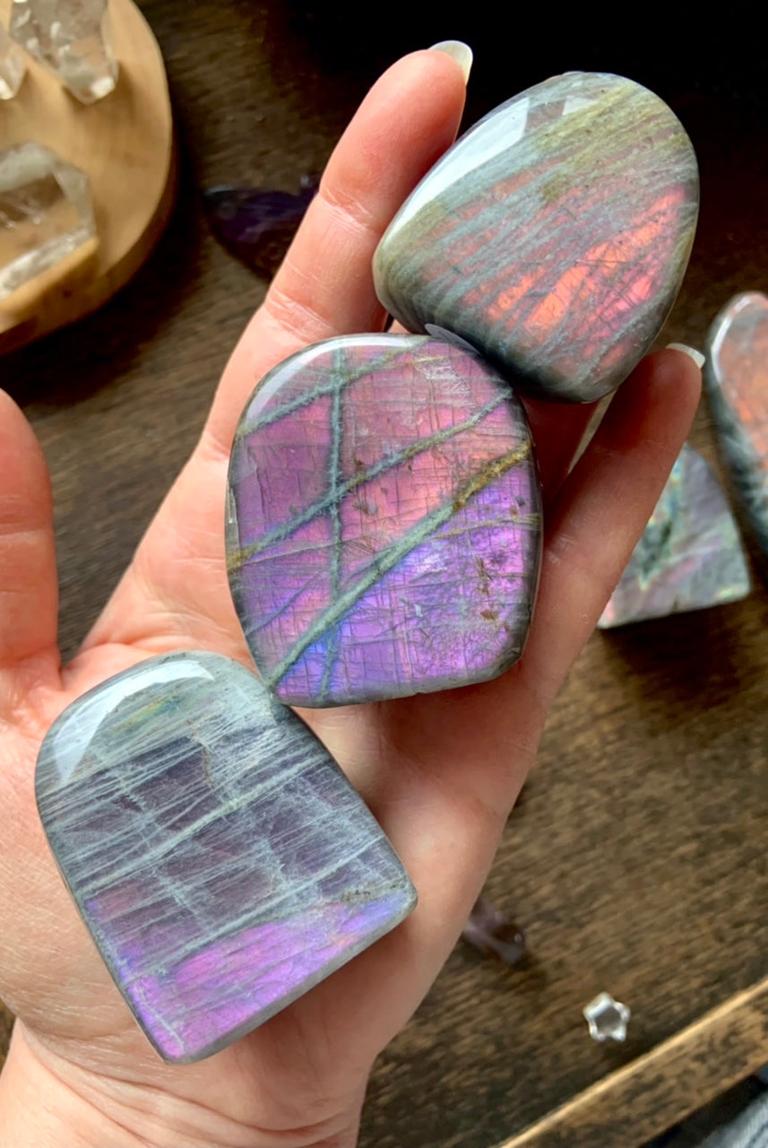Pastel Labradorite mini freeforms with pink, purple, peach, blue and silver flash, polished crystals from Madagascar
