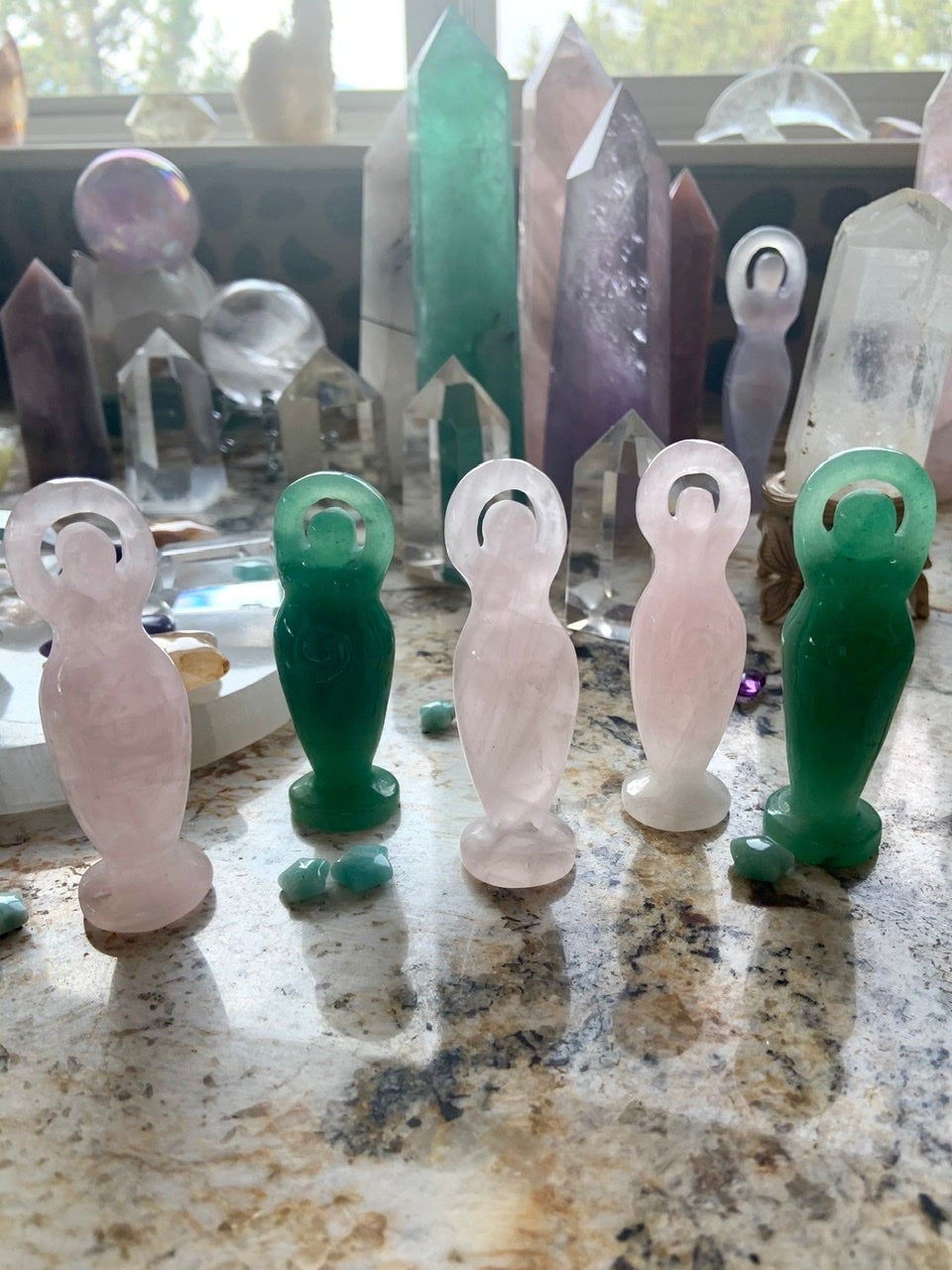 Crystal angels and goddess figurines in rose quartz and green aventurine – sacred feminine carvings for altars, rituals, healing, and spiritual gifts