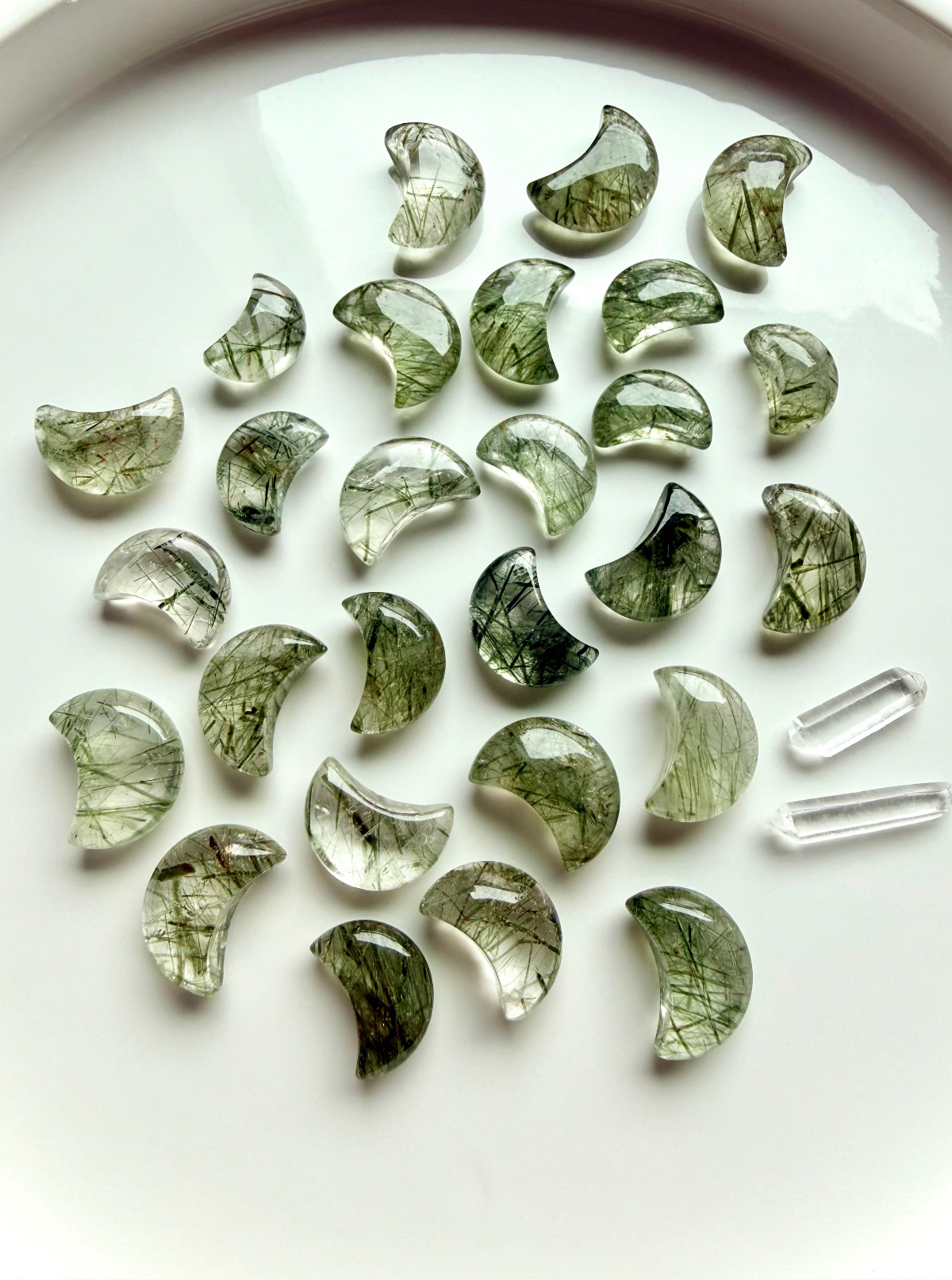 Green Tourmaline in Quartz crystal moons with natural inclusions, healing crystals for protection, grounding, balance and Heart Chakra