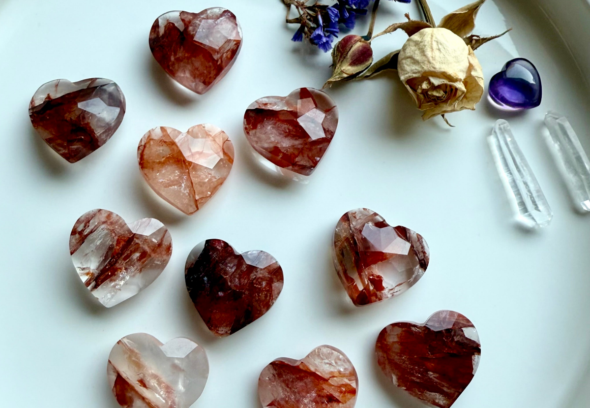 Faceted Hematoid Quartz hearts with red and golden inclusions on a white background, styled with dried flowers, amethyst, and clear quartz points for Heart Chakra and Root Chakra healing.