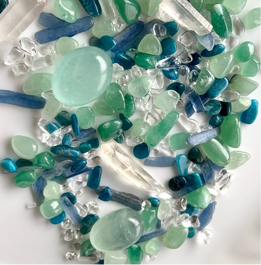 mermaid crystal confetti set with fluorite, blue apatite, blue kyanite, clear quartz and green aventurine chips and tumbles for calming, intuition and ocean-inspired energy