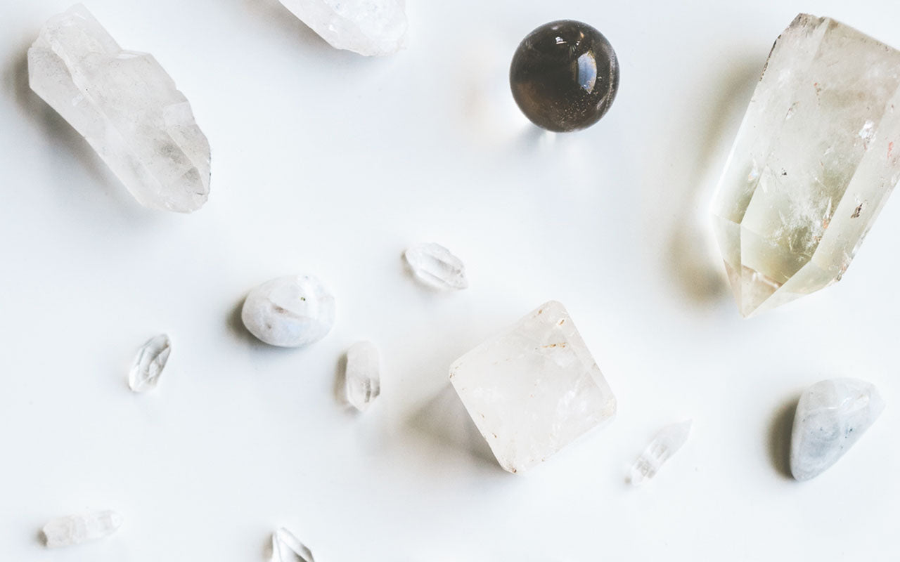 crystals for clarity and focus with clear quartz, smoky quartz and selenite on a soft neutral background