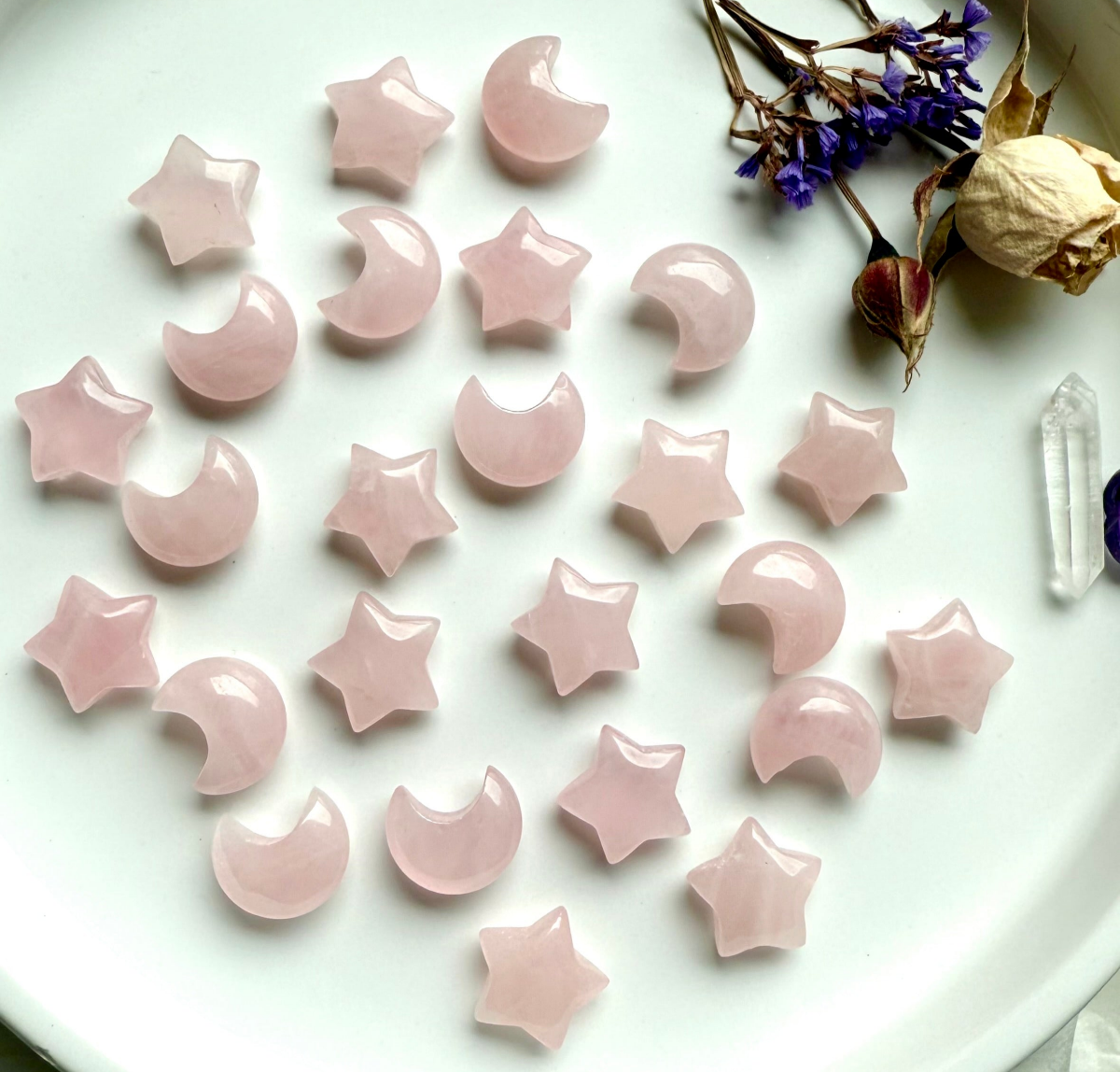 Mini Rose Quartz moon and star crystal carvings — soft pink gemstones for love, heart healing, and sacred celestial energy.