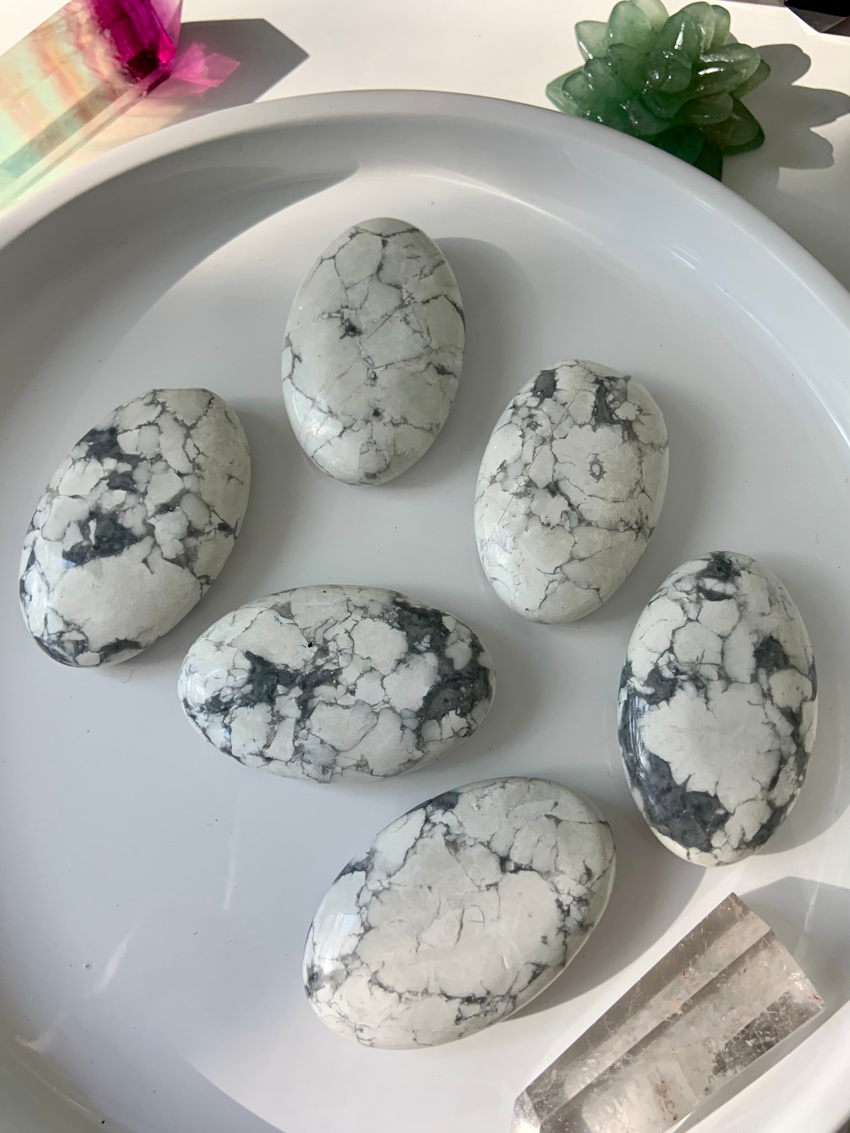 an array of howlite palm stones shown on a white plate