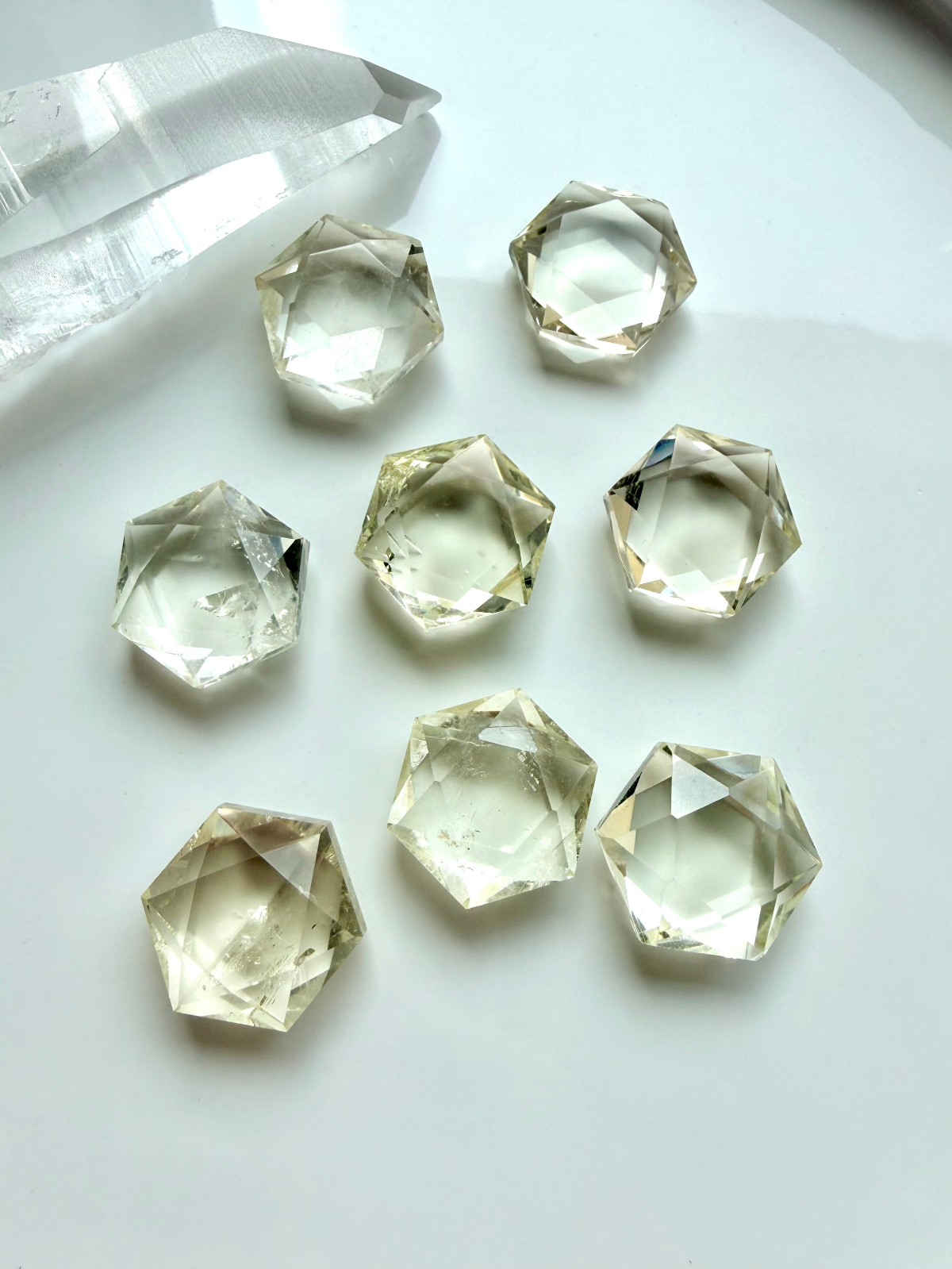 Faceted Citrine hexagon crystals for abundance, manifestation, confidence, joy, and Solar Plexus Chakra energy