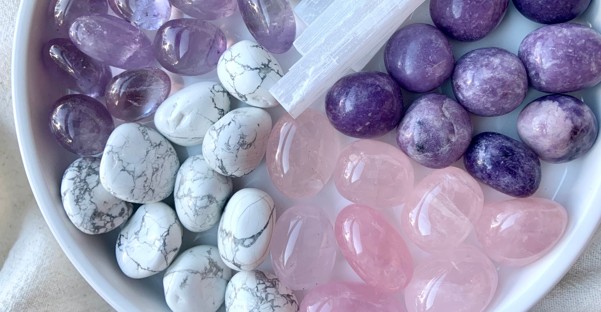 Soothing crystals for calm and anxiety, featuring amethyst, lepidolite, and howlite palm stones for nervous system regulation and emotional balance