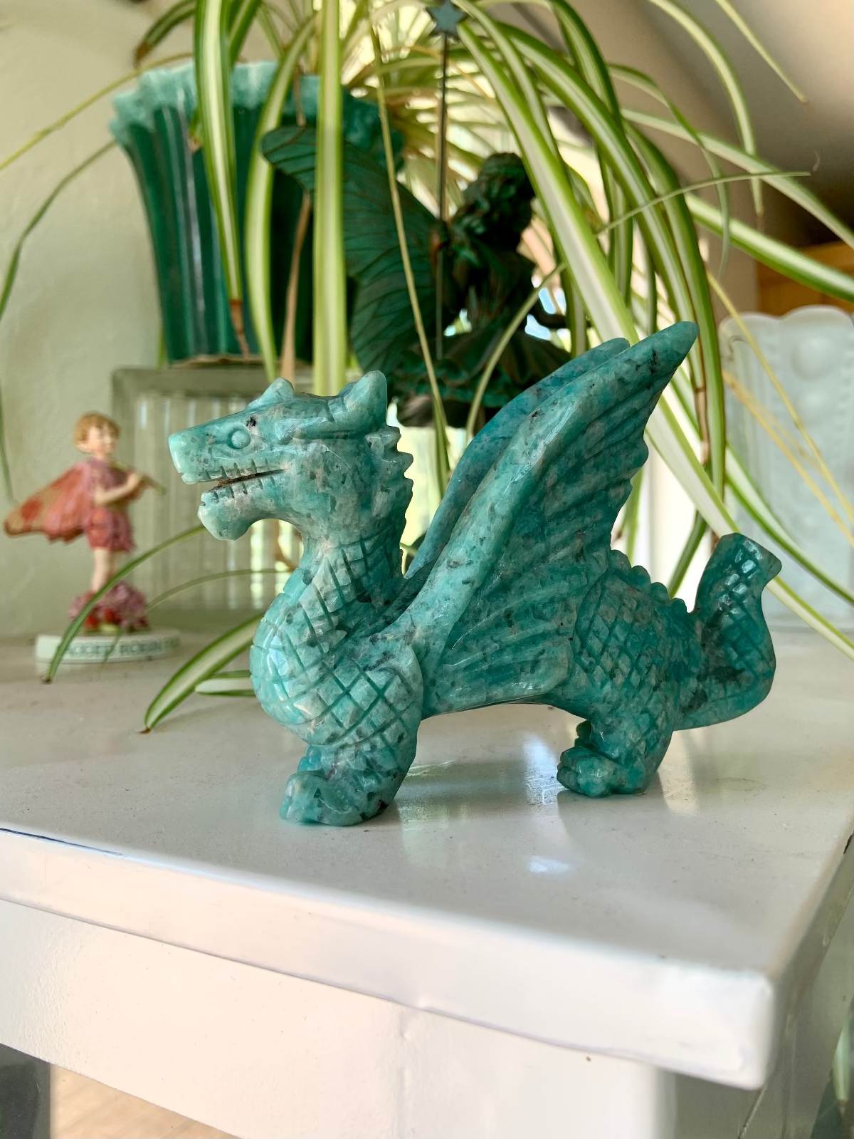 Amazonite crystal dragon carving with wings — standing gemstone dragon figurine for protection, wisdom & mystical energy. Unique crystal dragon statue for collectors.