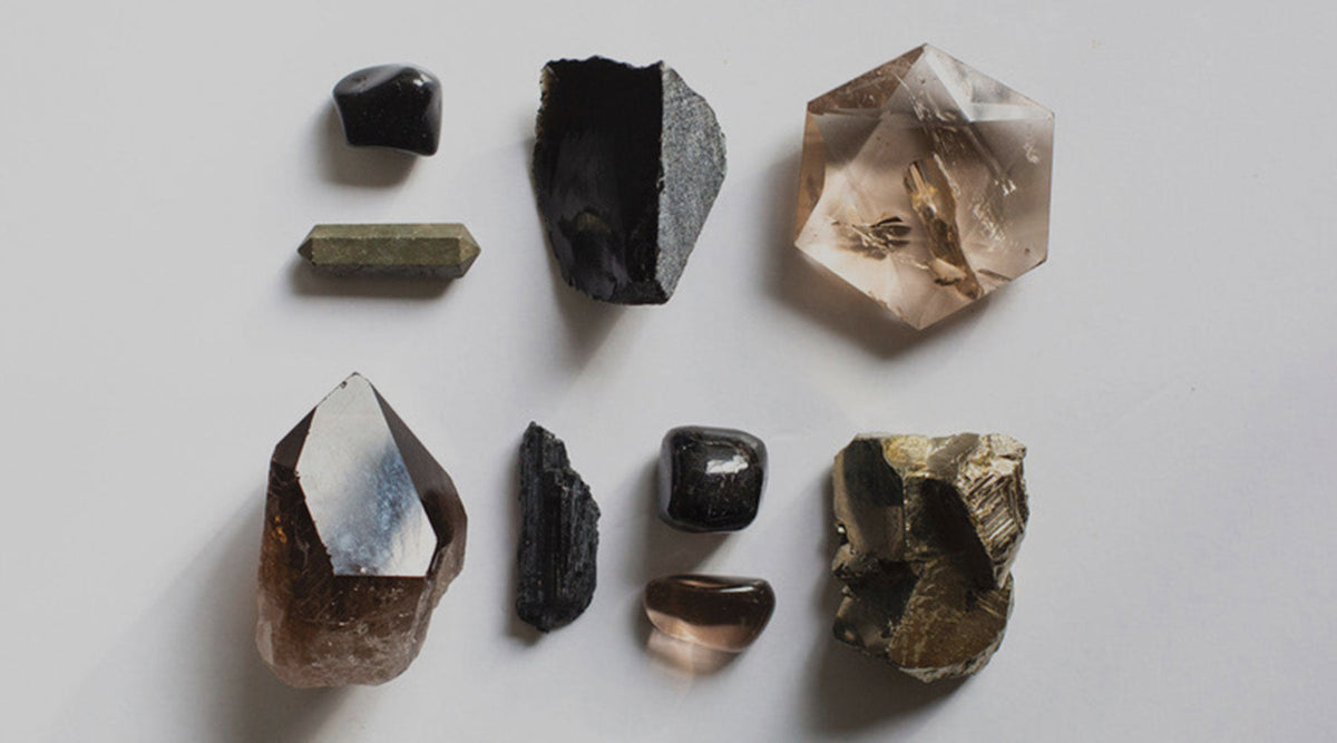 Crystals for Grounding and Stability collection with Smoky Quartz, Black Obsidian, Black Tourmaline and Pyrite grounding stones
