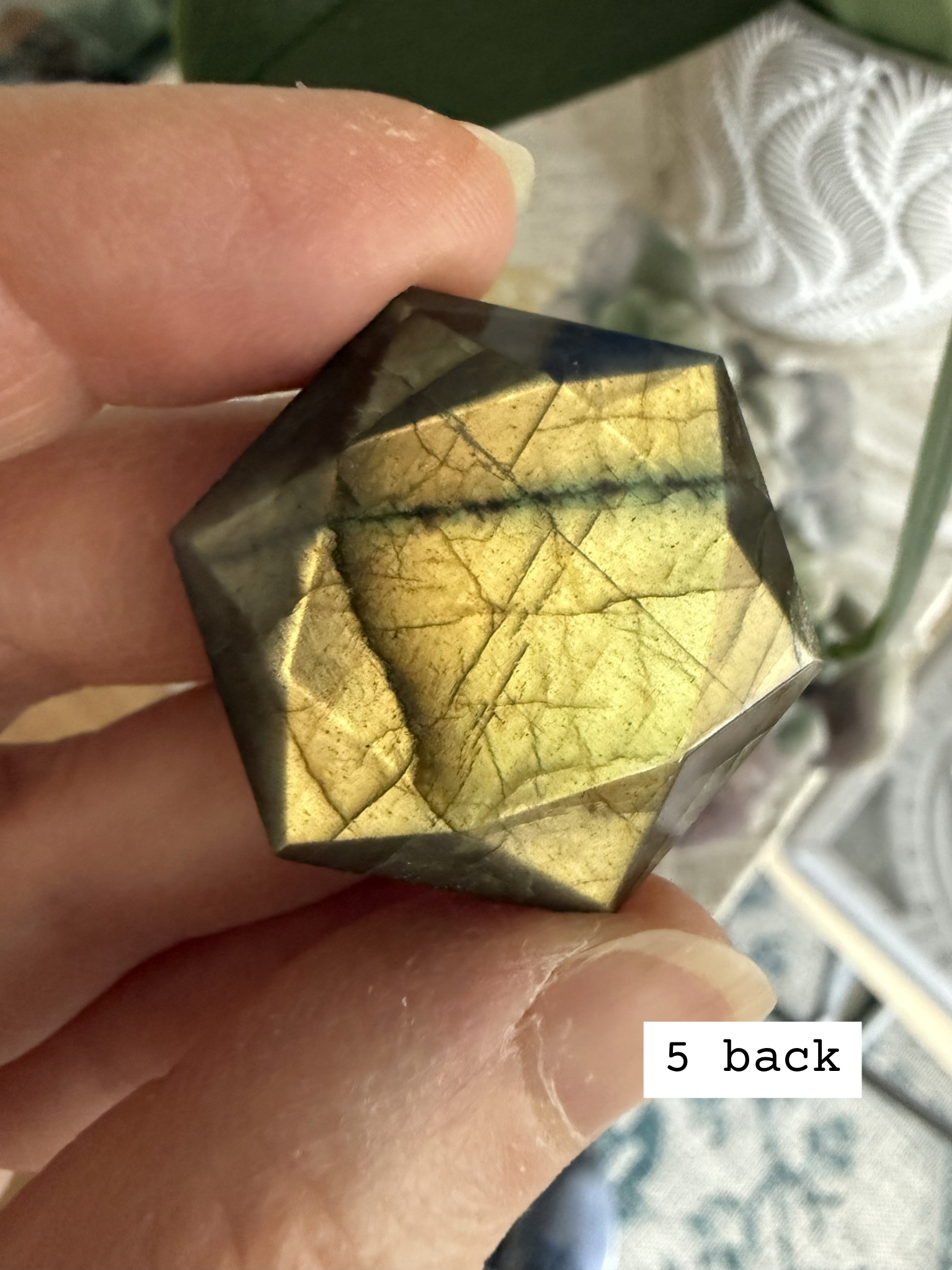 Faceted Labradorite hexagon crystal – sacred geometry hexagon for intuition and psychic clarity, golden iridescent flash, back view