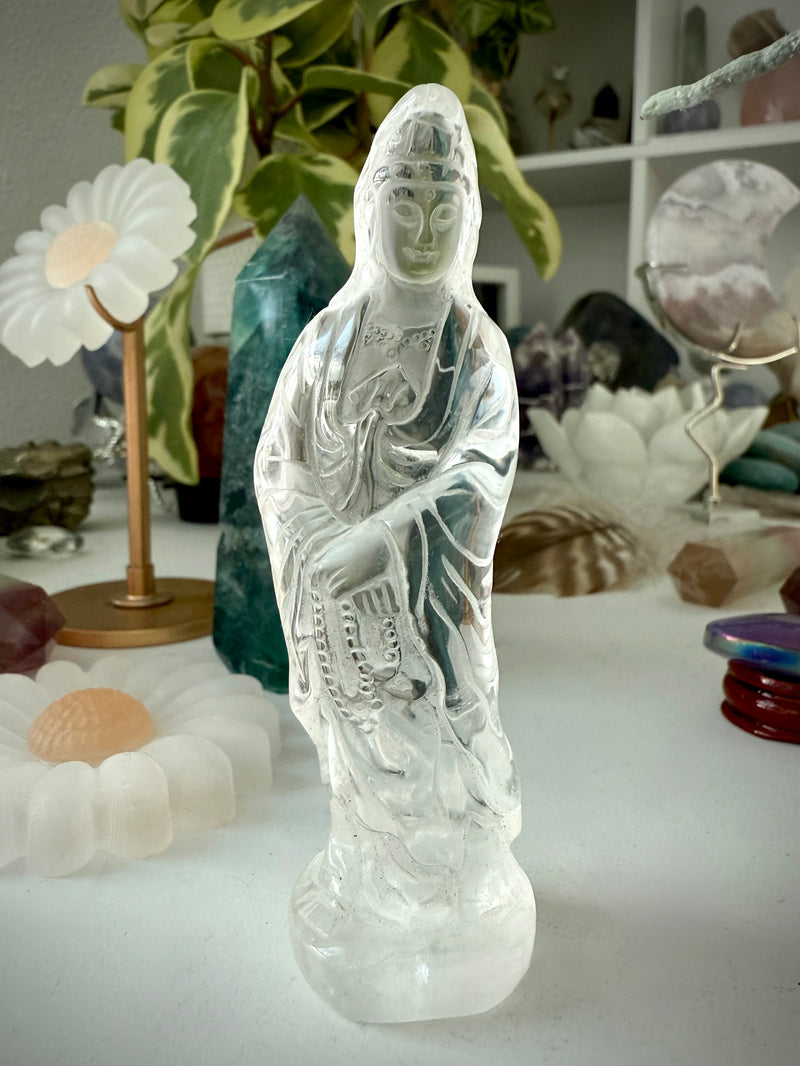 Quan Yin is the Goddess of Compassion made from Clear quartz, the master healer of the crystal world