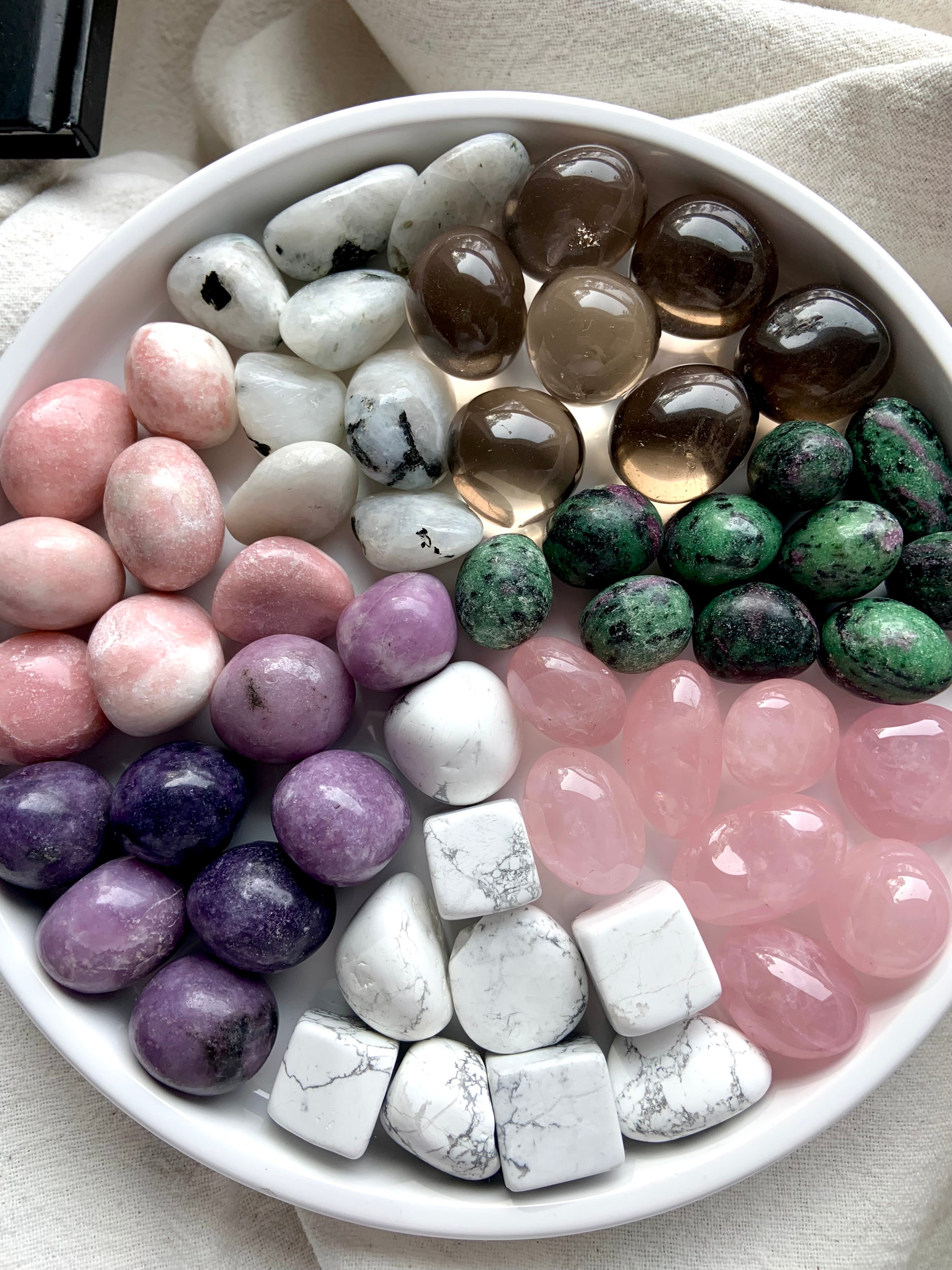 Healing crystals for grief & emotional support: rose quartz, howlite, ruby zoisite, moonstone & more