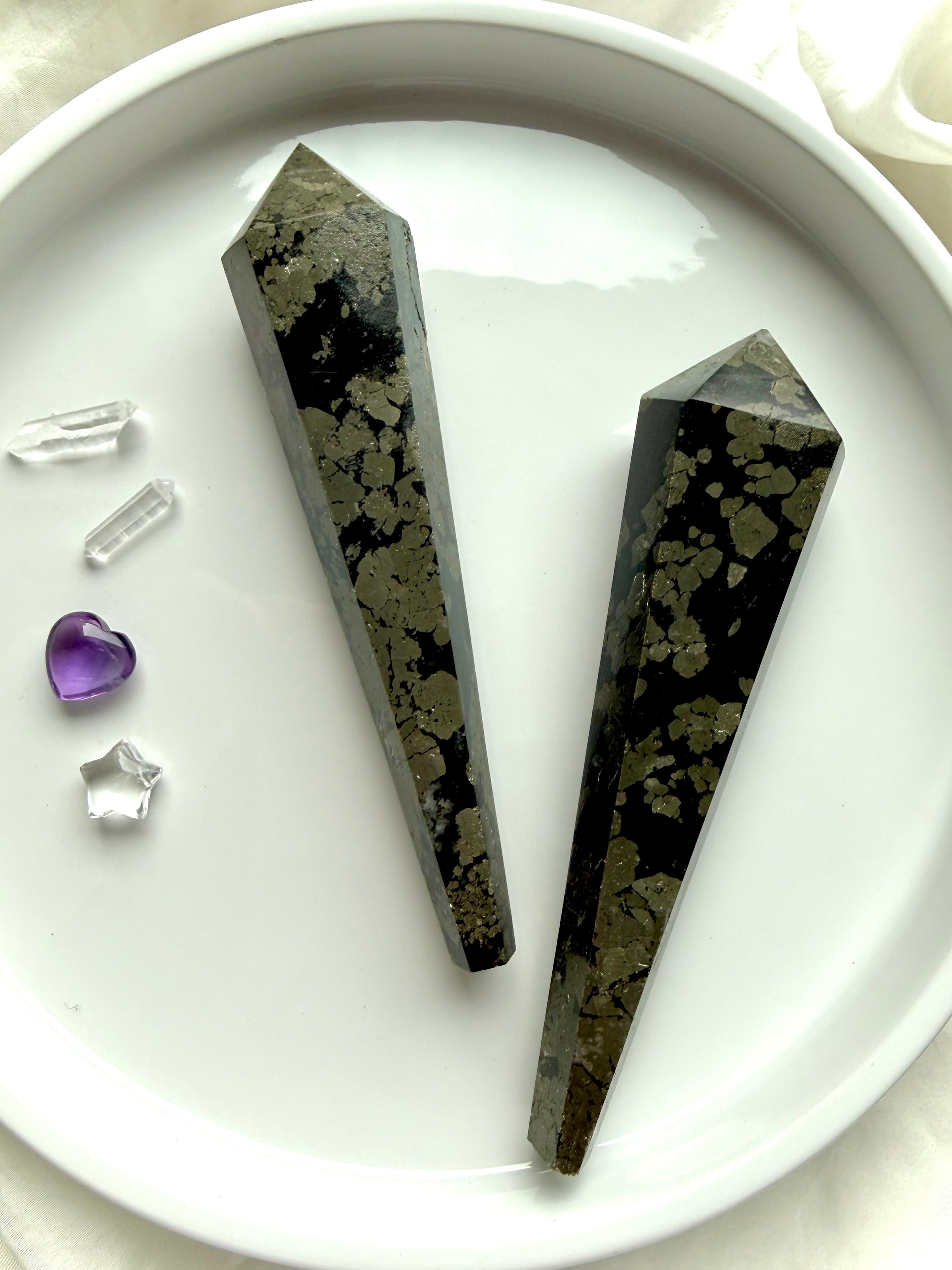 pyrite wand in black matrix polished crystal point for abundance and protection
