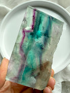 One of a kind rainbow fluorite slab with teal and magenta banding – crystal for clarity, focus + energy balance