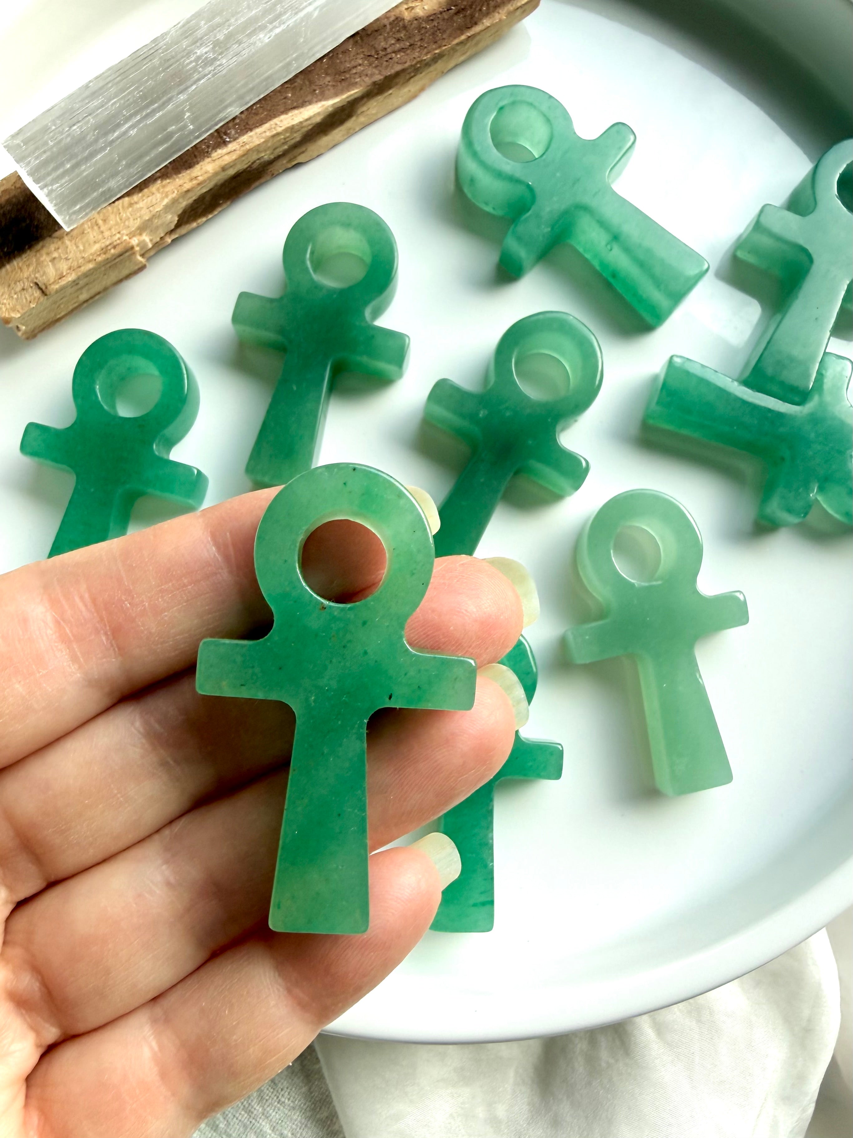 Green Aventurine ankh symbol crystal for heart chakra healing and abundance energy
