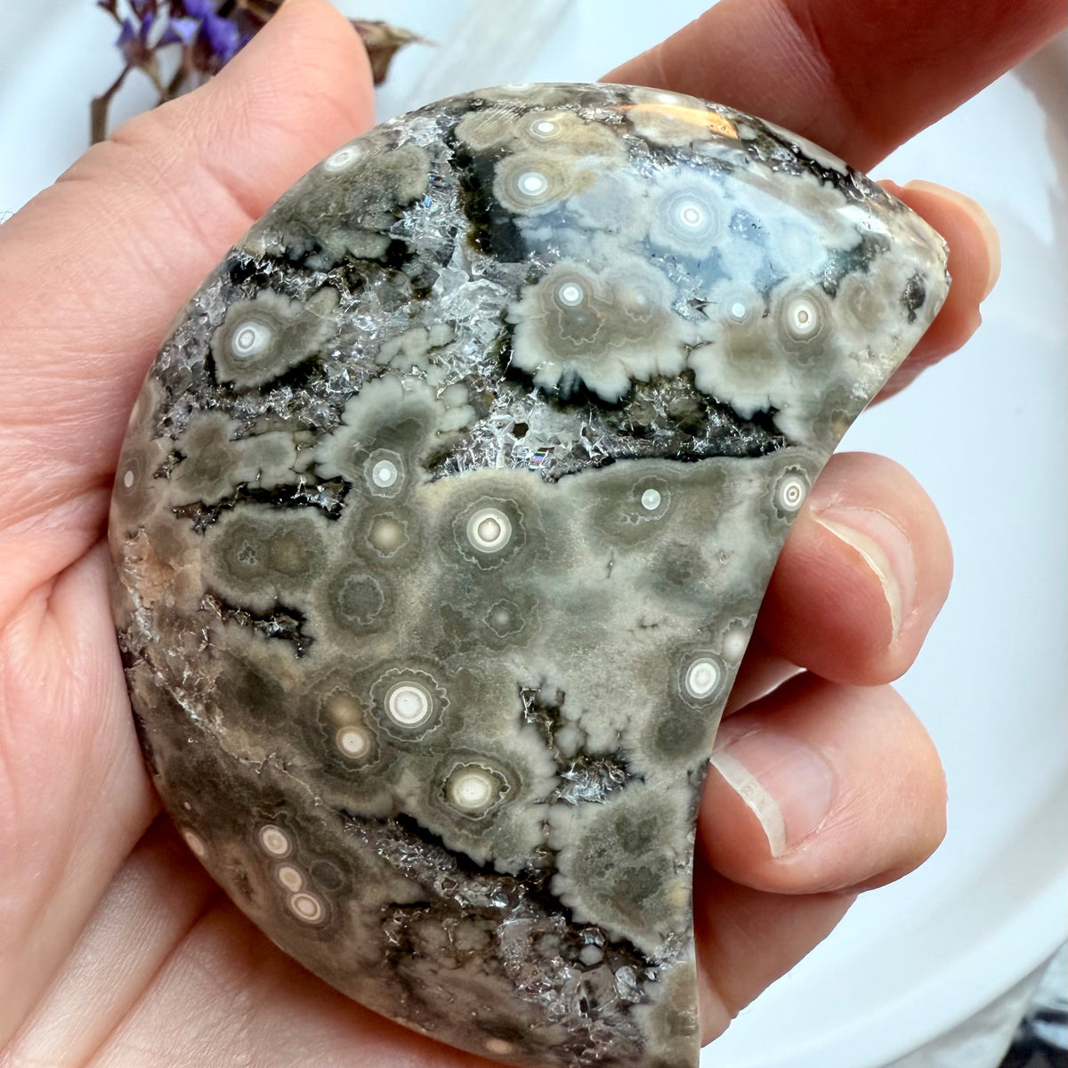 Orbicular Ocean Jasper Moon Carving – Crescent Crystal with Druzy ...
