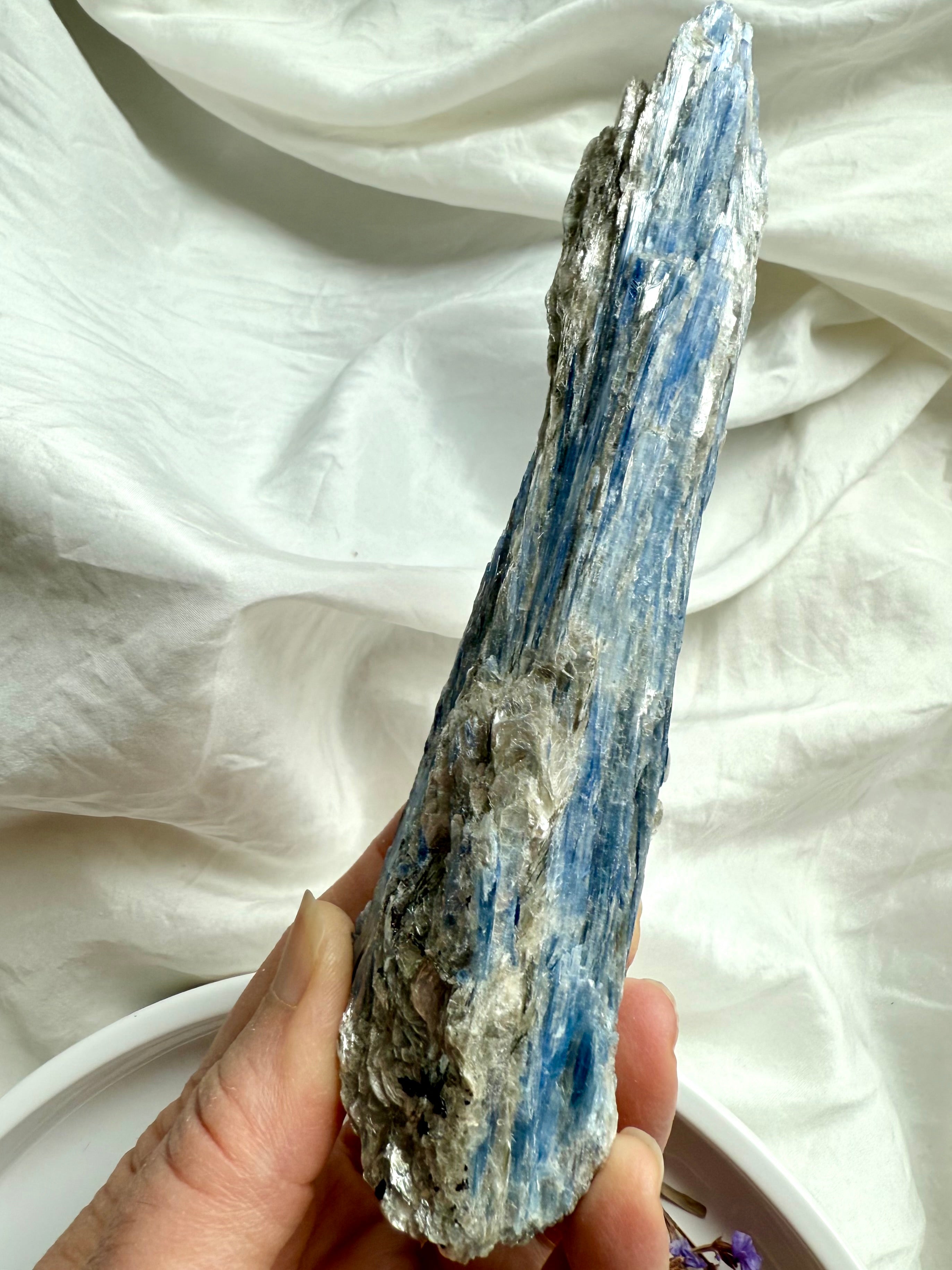Raw blue kyanite blades with shimmering muscovite mica, high vibration throat chakra crystal for meditation
