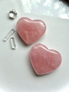 Rose Quartz heart carvings with Clear Quartz points, polished pink crystals for love and emotional healing