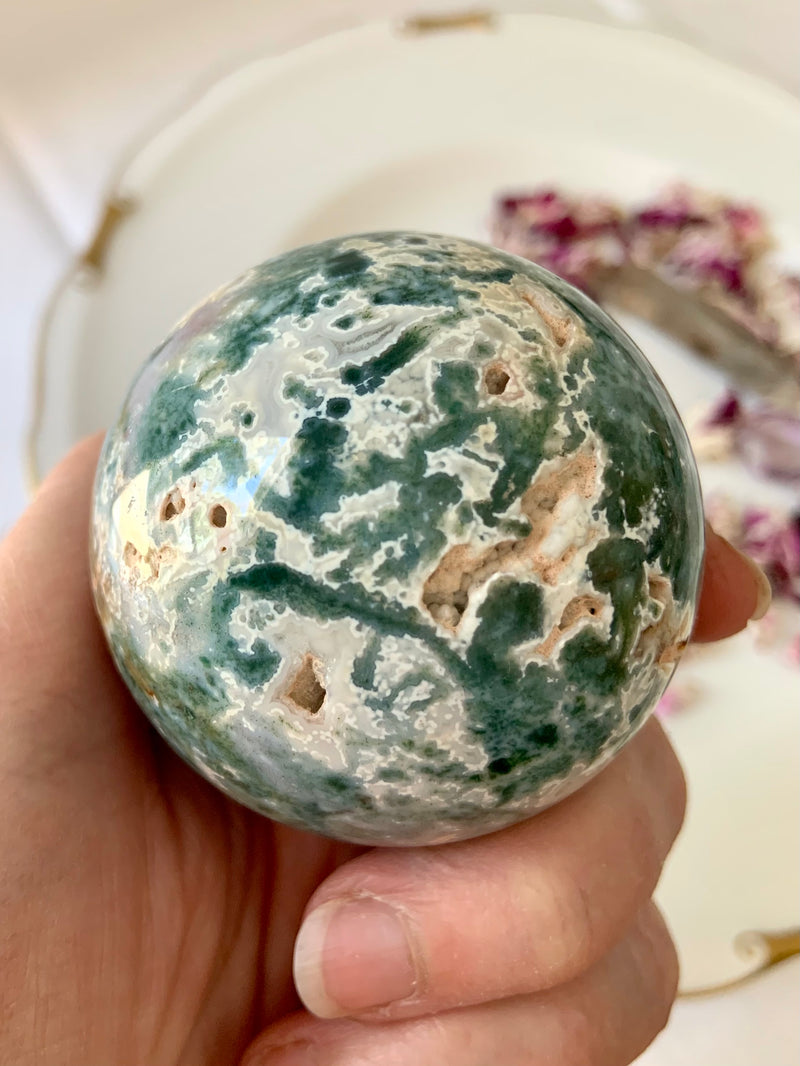 Moss Agate Sphere with Druzy