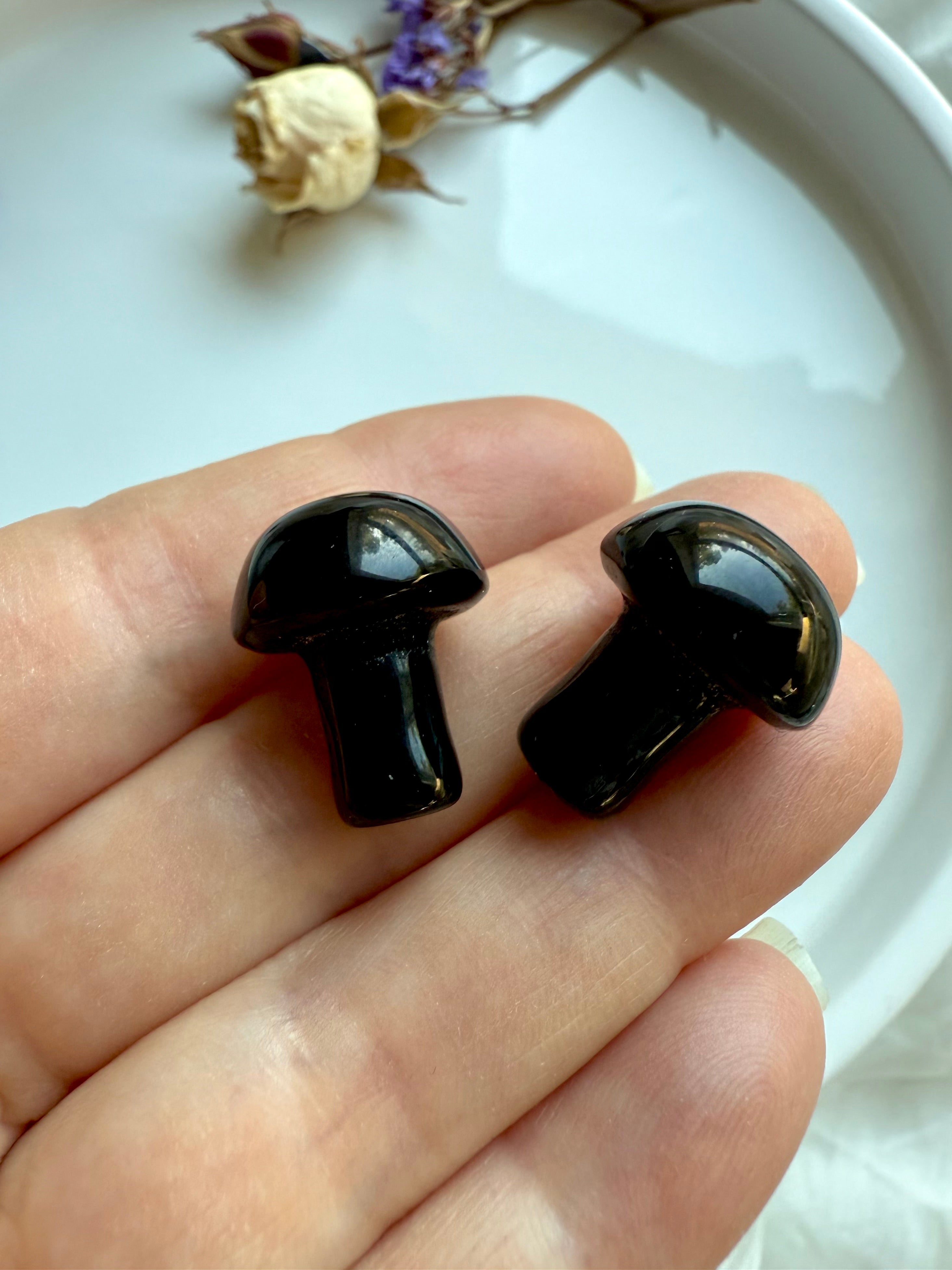 Close-up of two Black Obsidian crystal mushroom carvings held in hand – glossy black mini mushrooms for protection, grounding, and root chakra energ