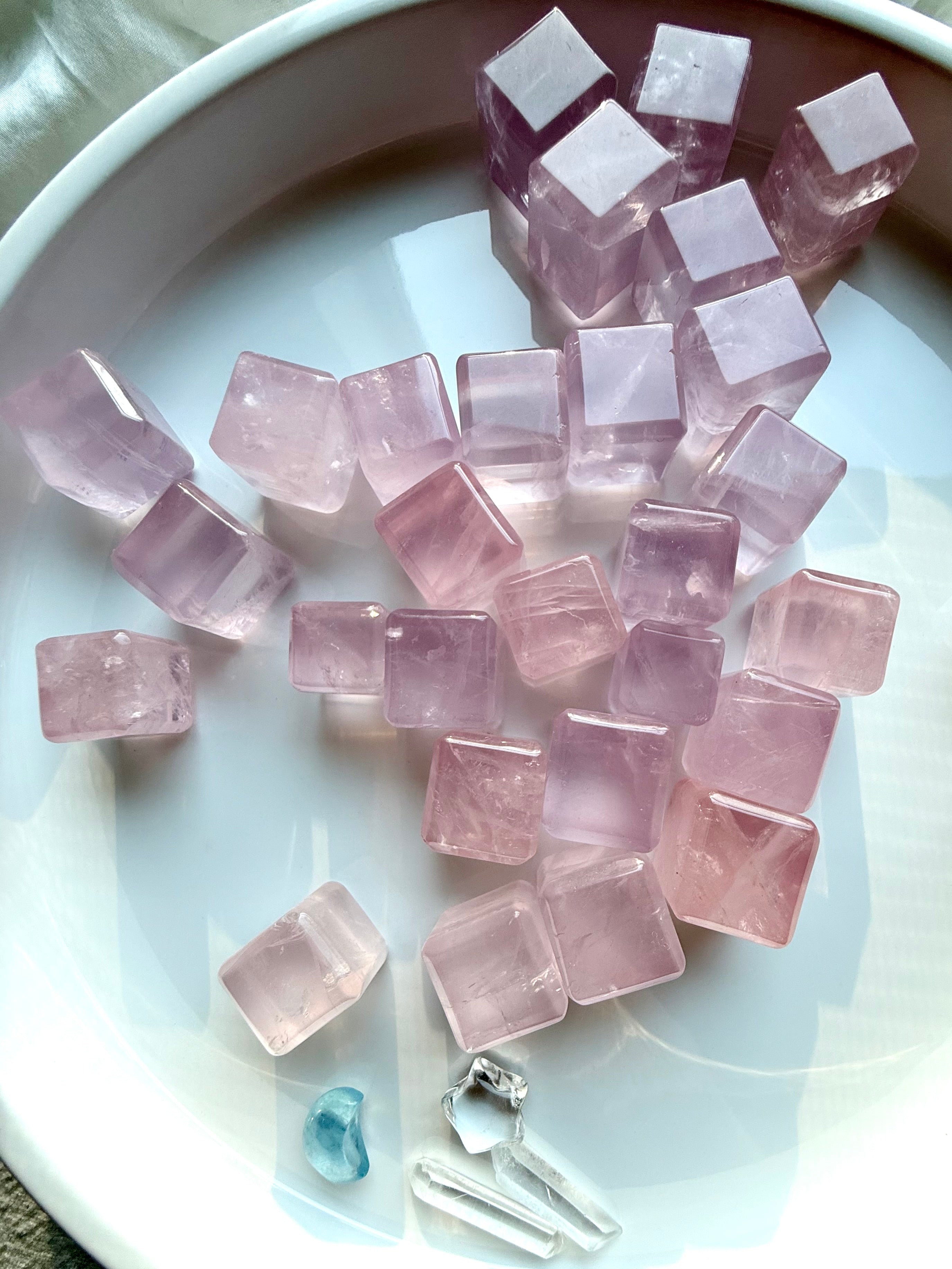 Rose quartz mini cube crystals from Mozambique with soft pink tones and beveled edges, sacred geometry heart chakra stones