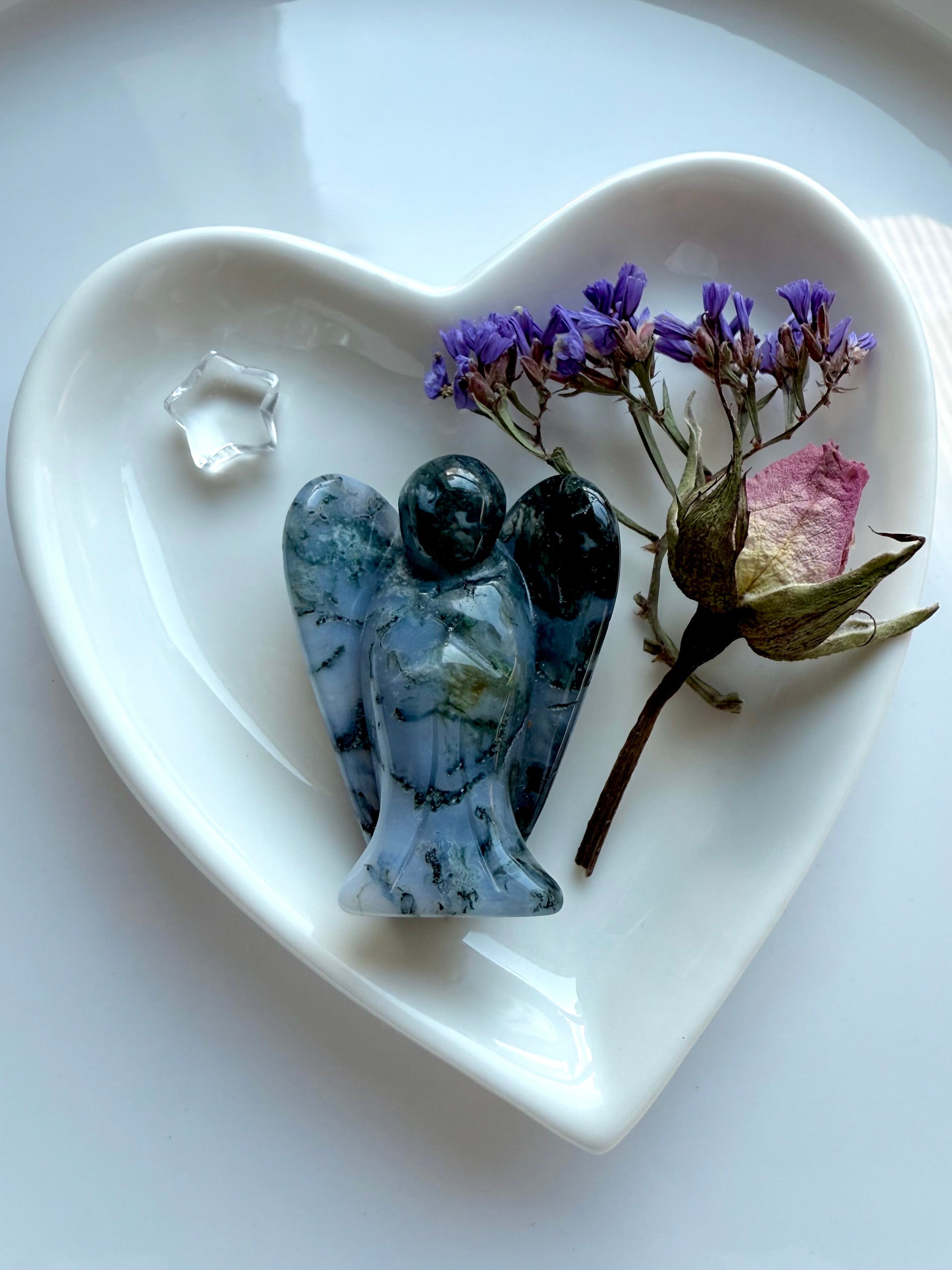 Healing crystal gift set with Moss Agate angel figurine, clear quartz star, and mini dried flower bouquet in white heart-shaped bowl