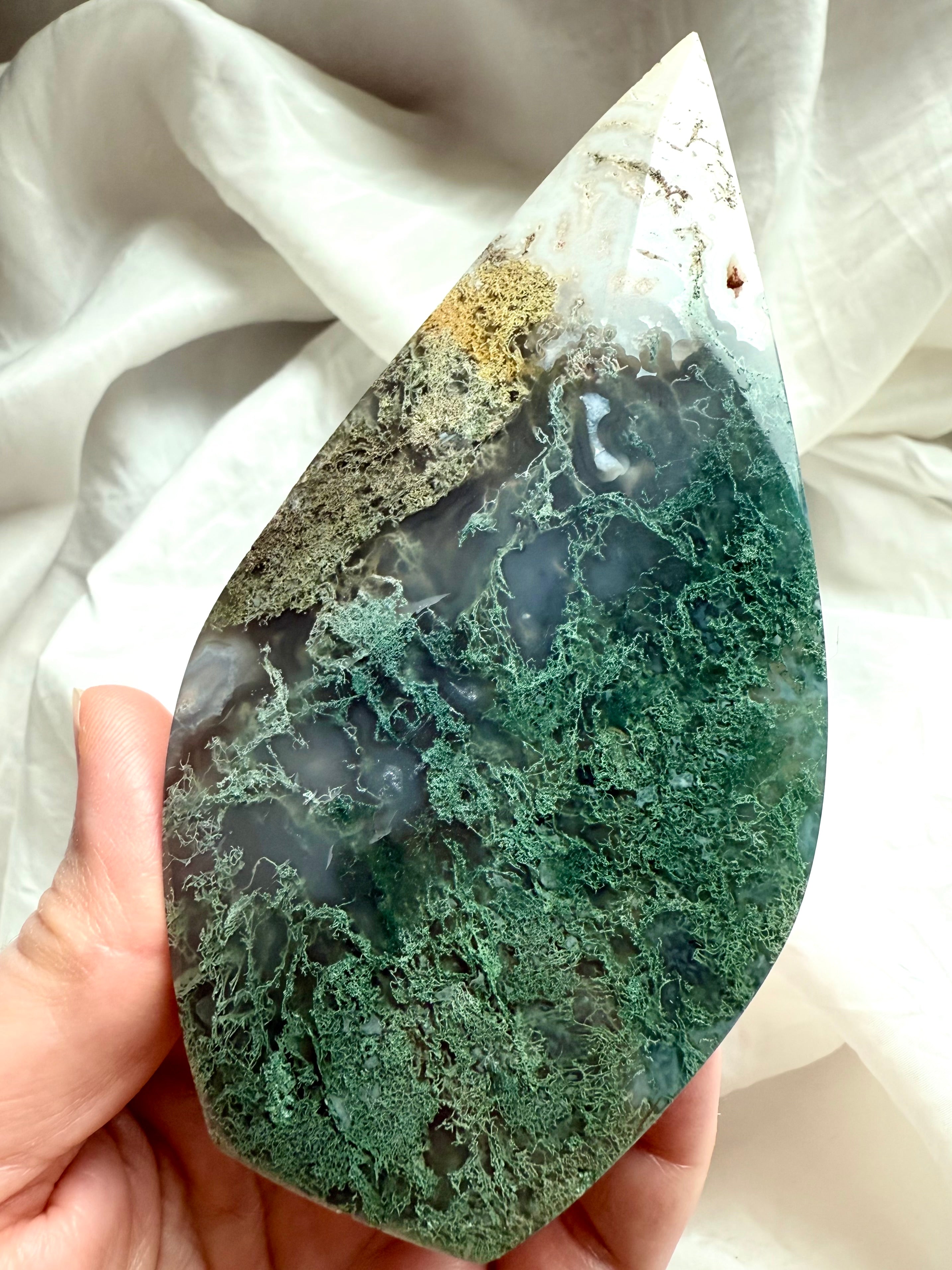 One of a kind Moss Agate flame carving with natural green inclusions and glossy polish