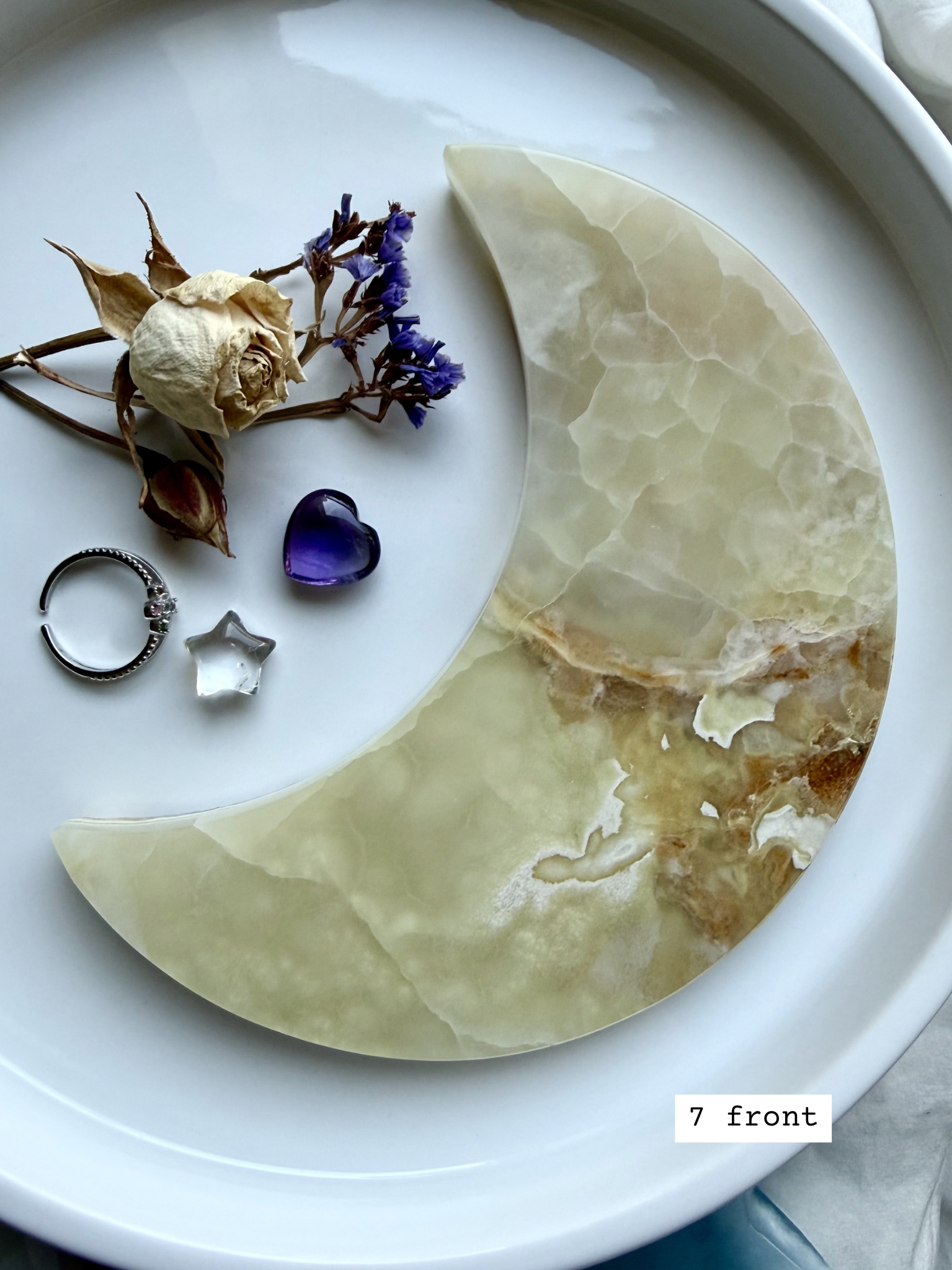 white onyx crescent moon plate # 7 front Mexican onyx crystal moon with green, cream and earthy banding for altar decor