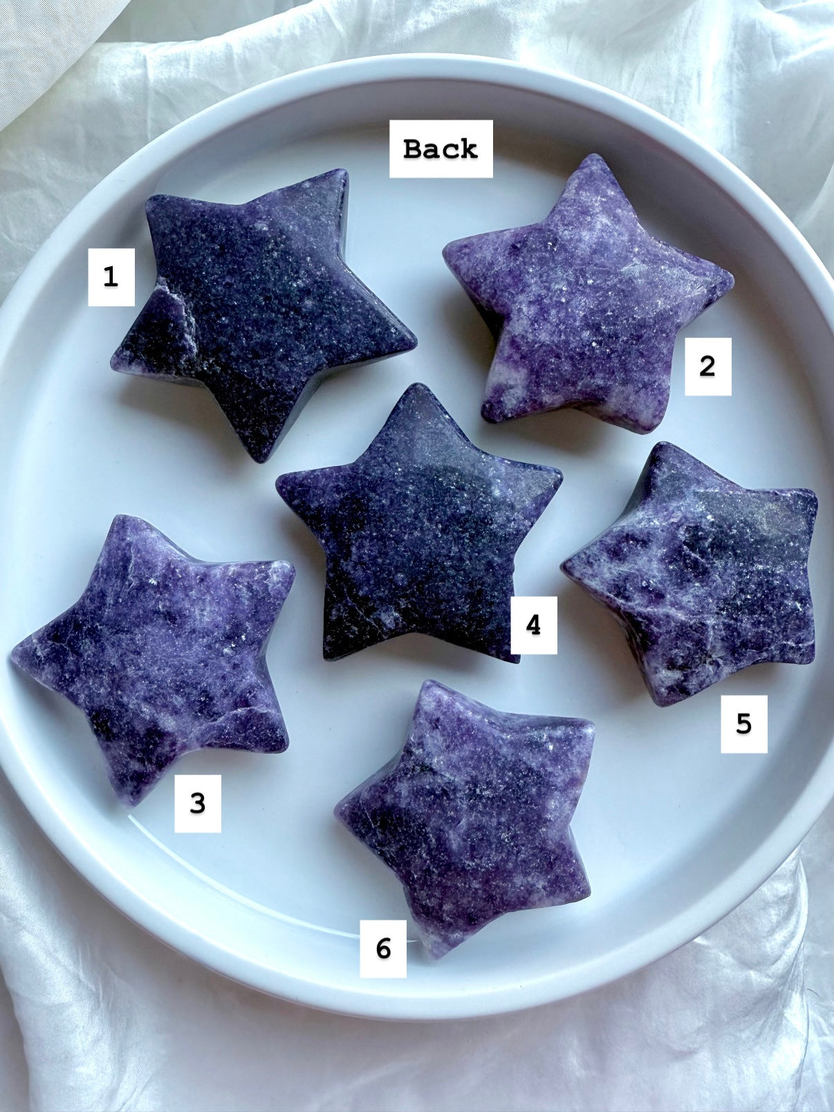 Numbered Lepidolite chunky stars, back view showing natural purple stone patterns and crystal energy.