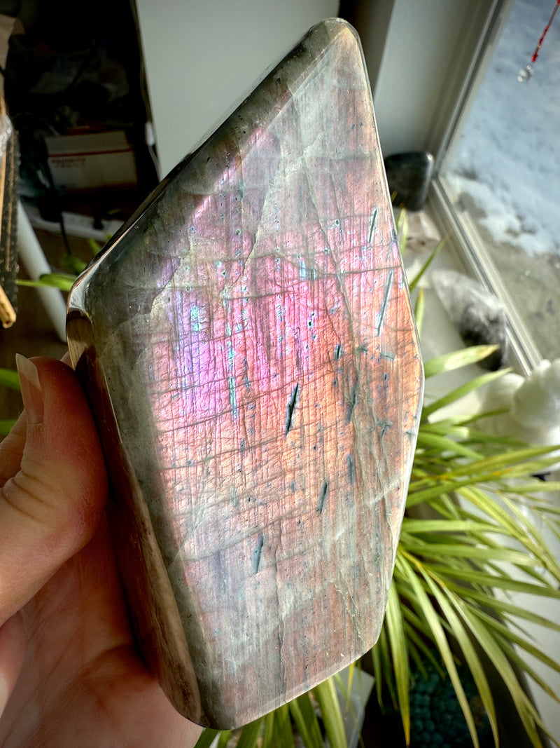 A rare pastel labradorite freeform tower with an electric sunset flash