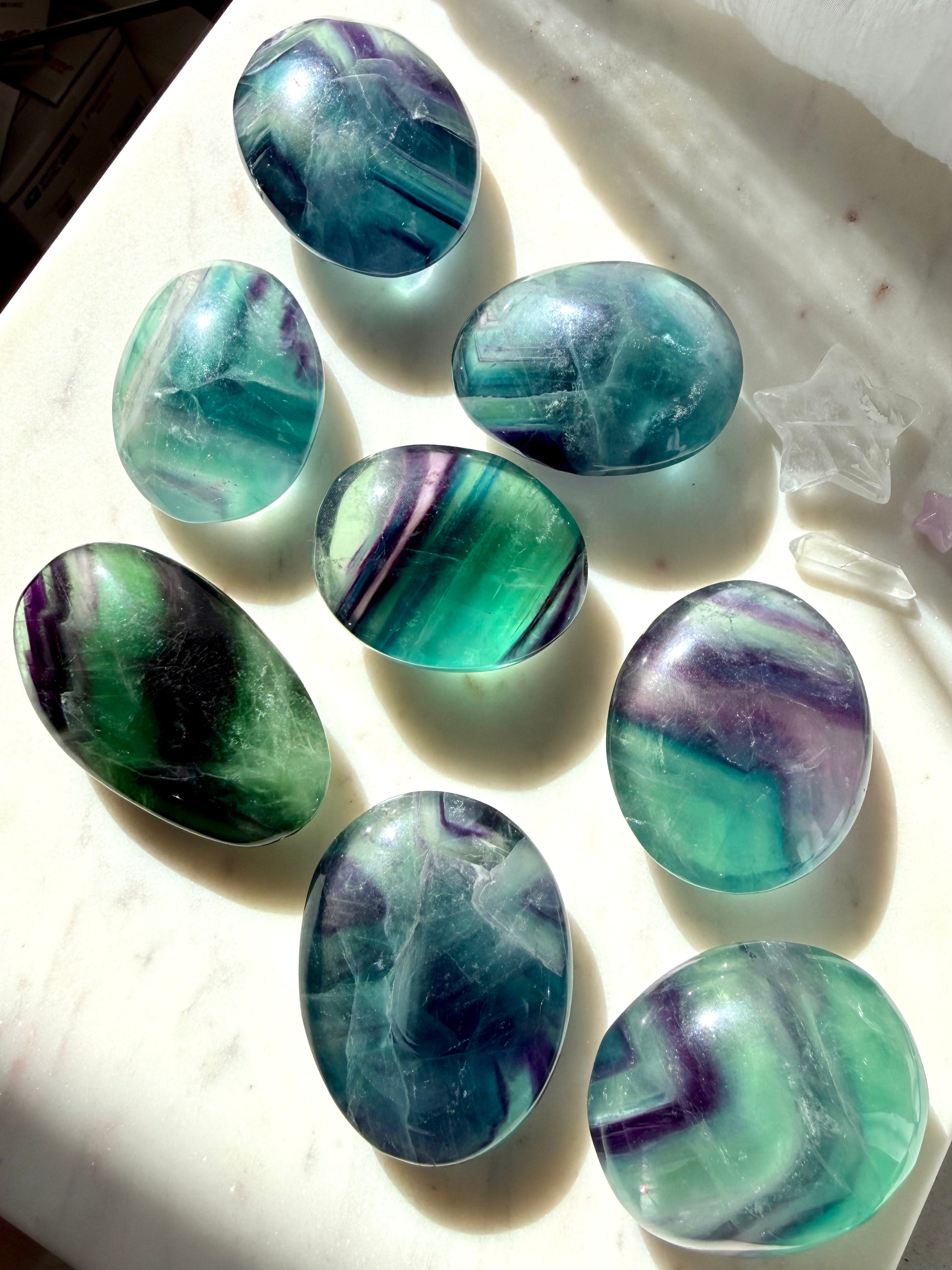 Rainbow Fluorite Palm Stones in teal, green, blue and purple with natural banding, choose your favorite