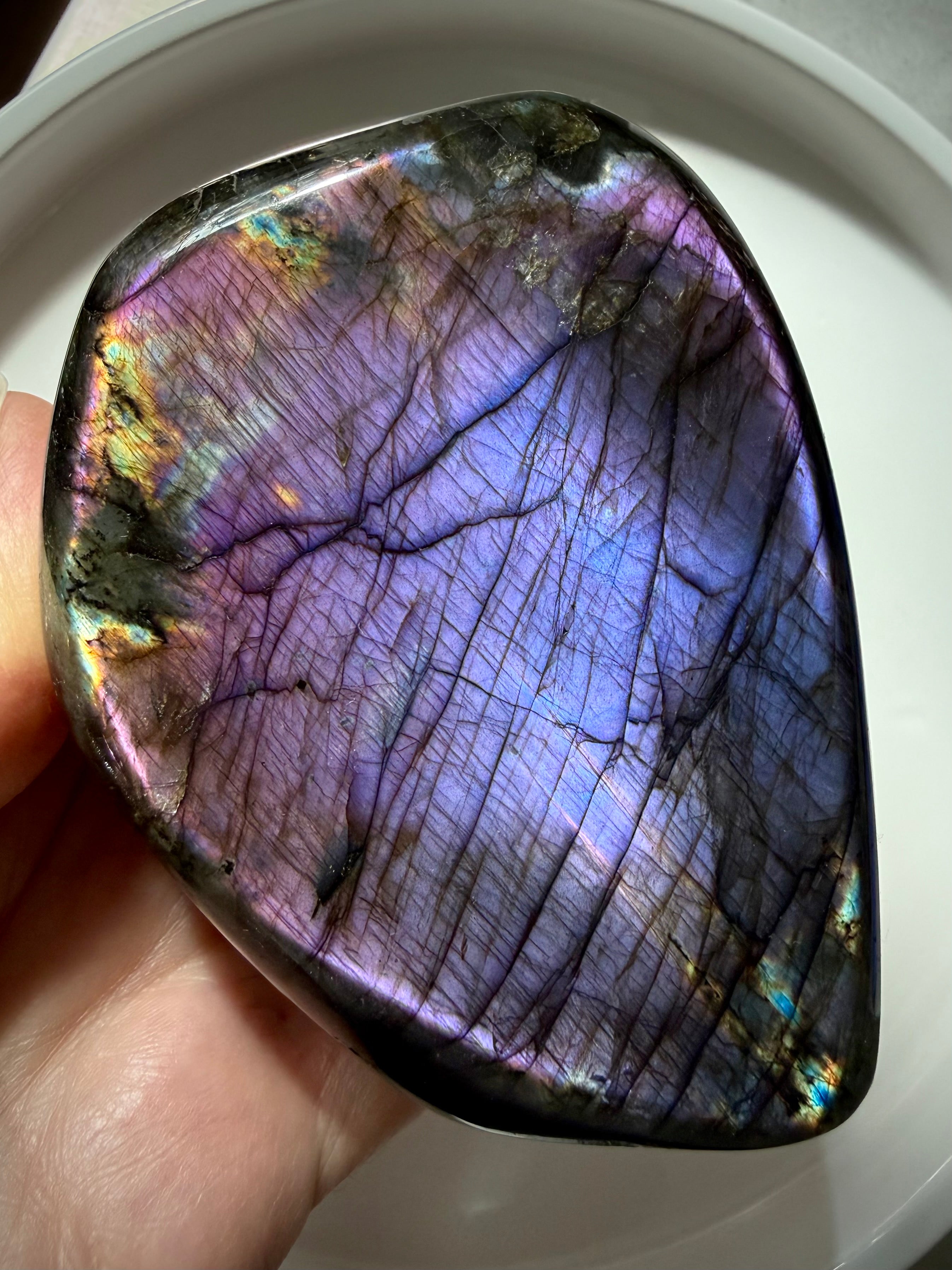 Purple flash Labradorite crystal with luminous violet and lavender labradorescence, polished one-of-a-kind freeform