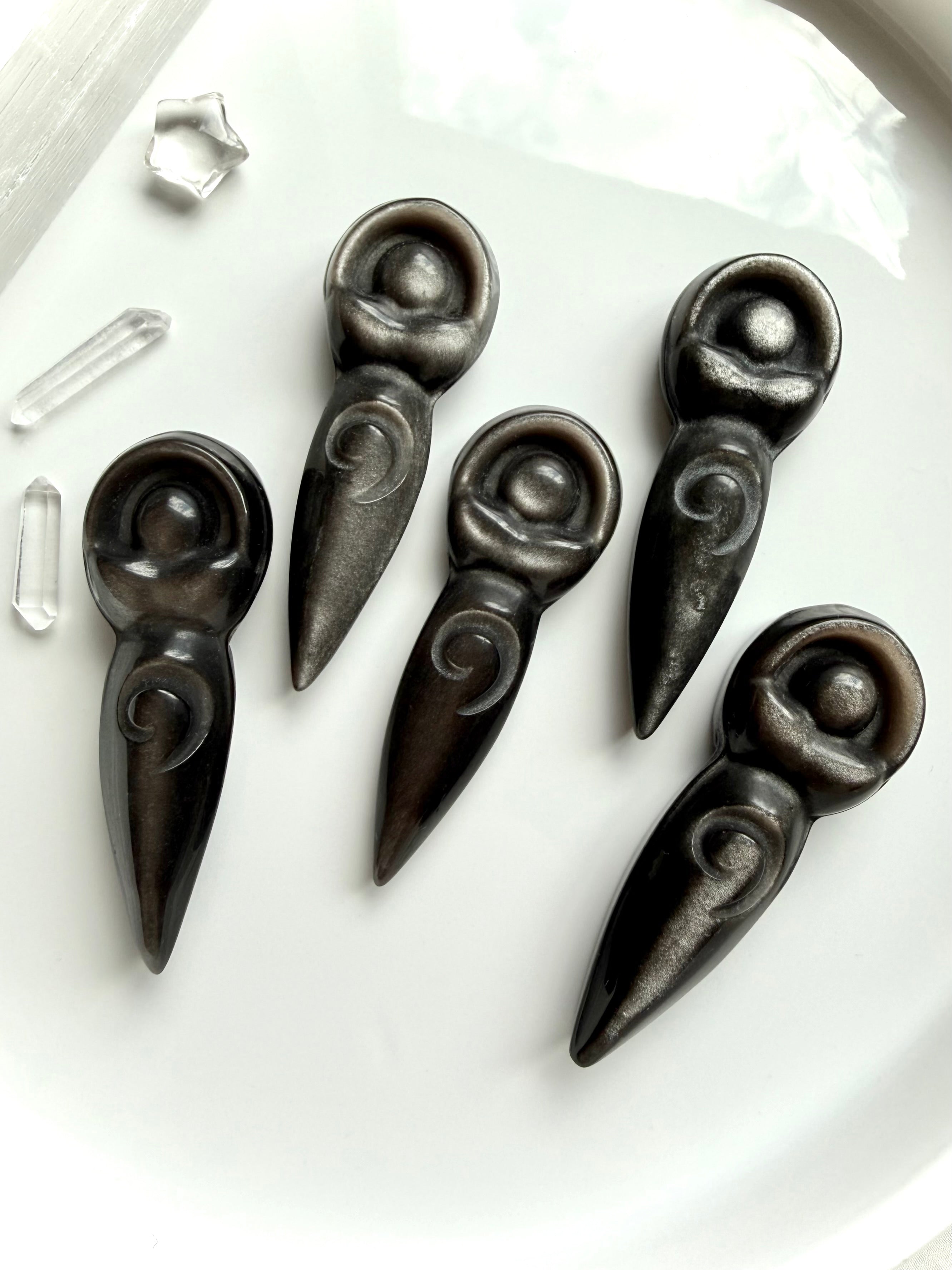 Silver Sheen Obsidian spiral goddess carvings with charcoal gray to black stone and shimmering silver sheen