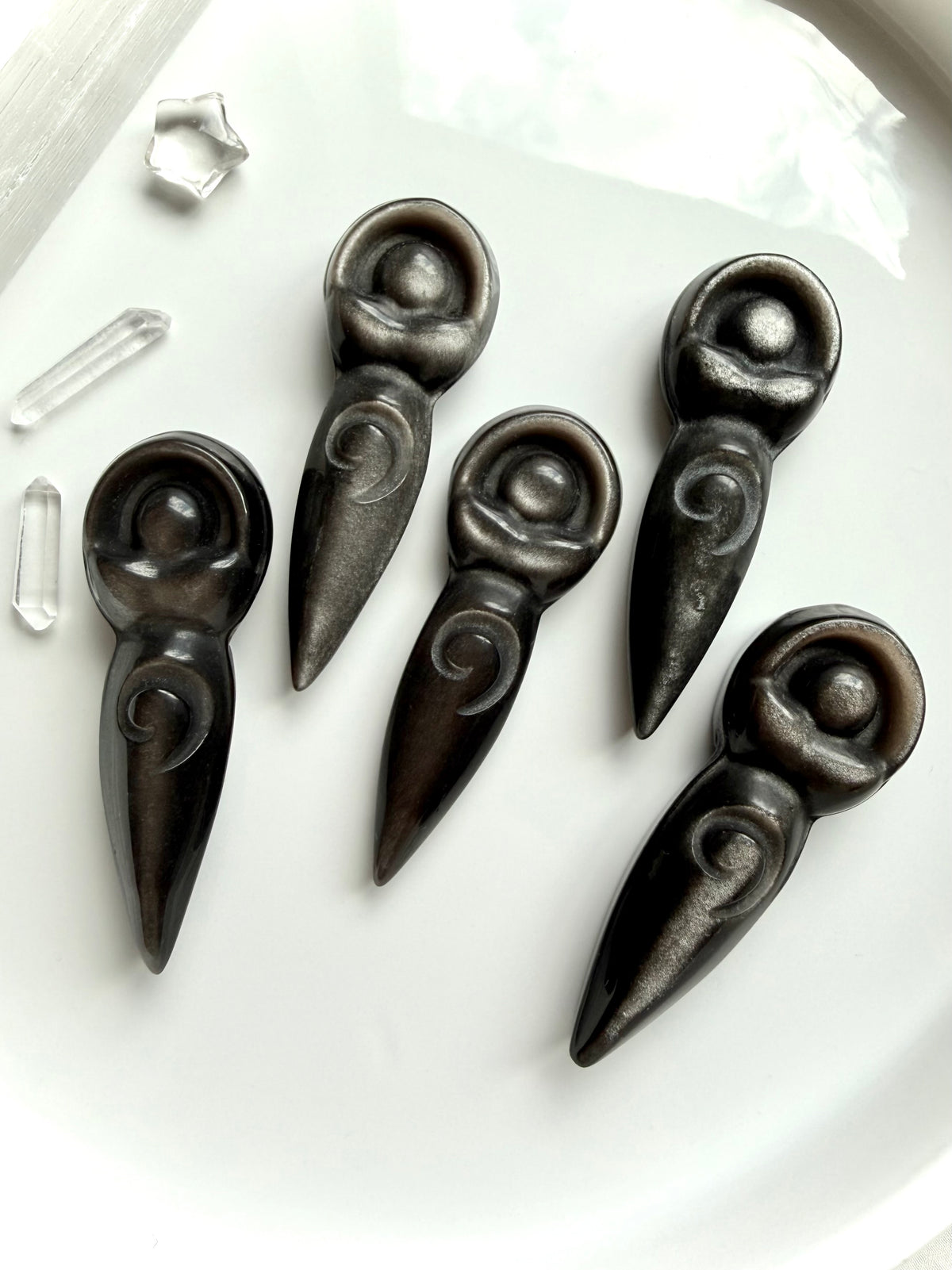 Silver Sheen Obsidian spiral goddess carvings with charcoal gray to black stone and shimmering silver sheen