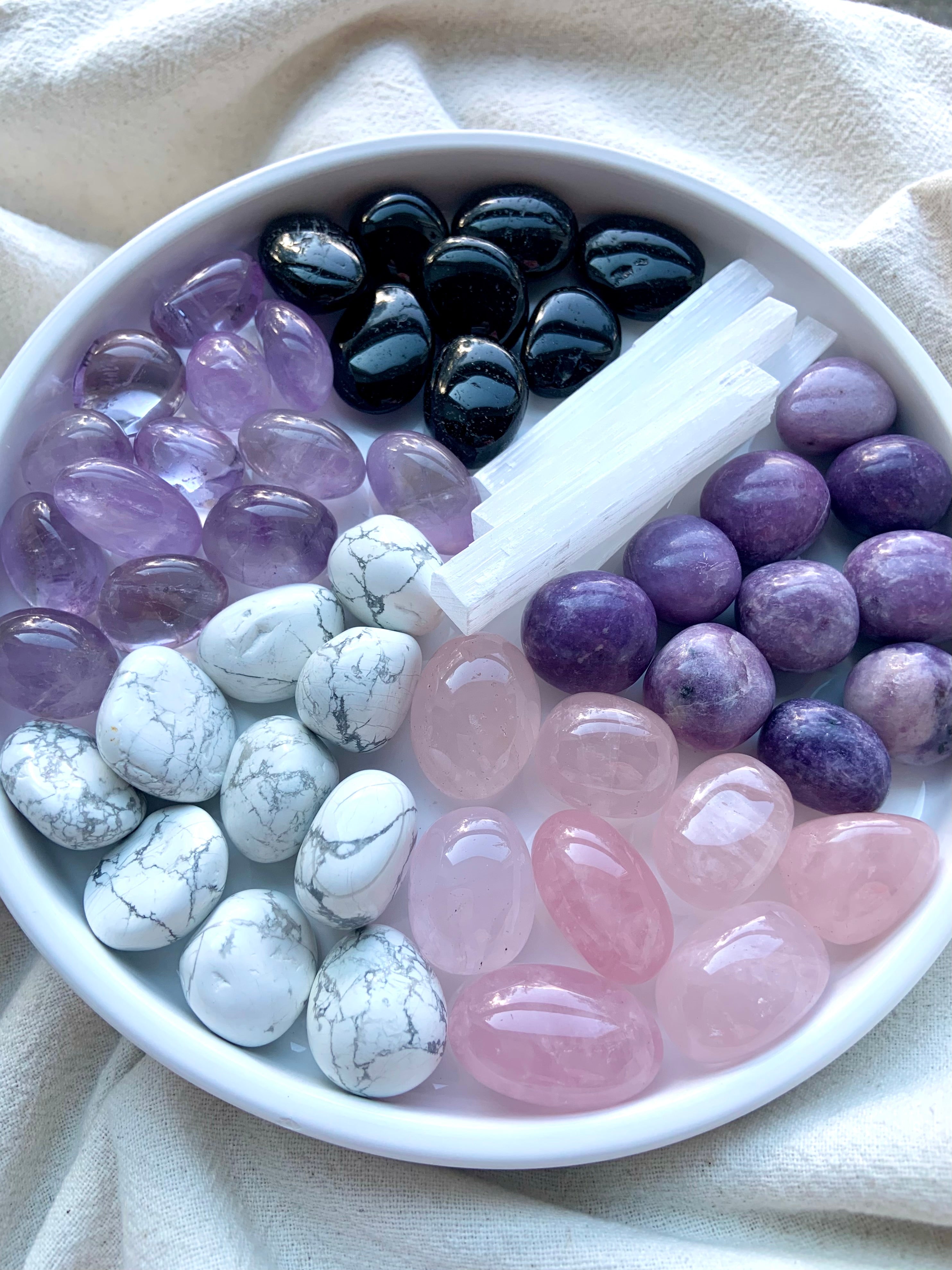 Sweet Sleep Crystal Set stones in a dish: 6 polished crystals for rest, dreams, and relaxation