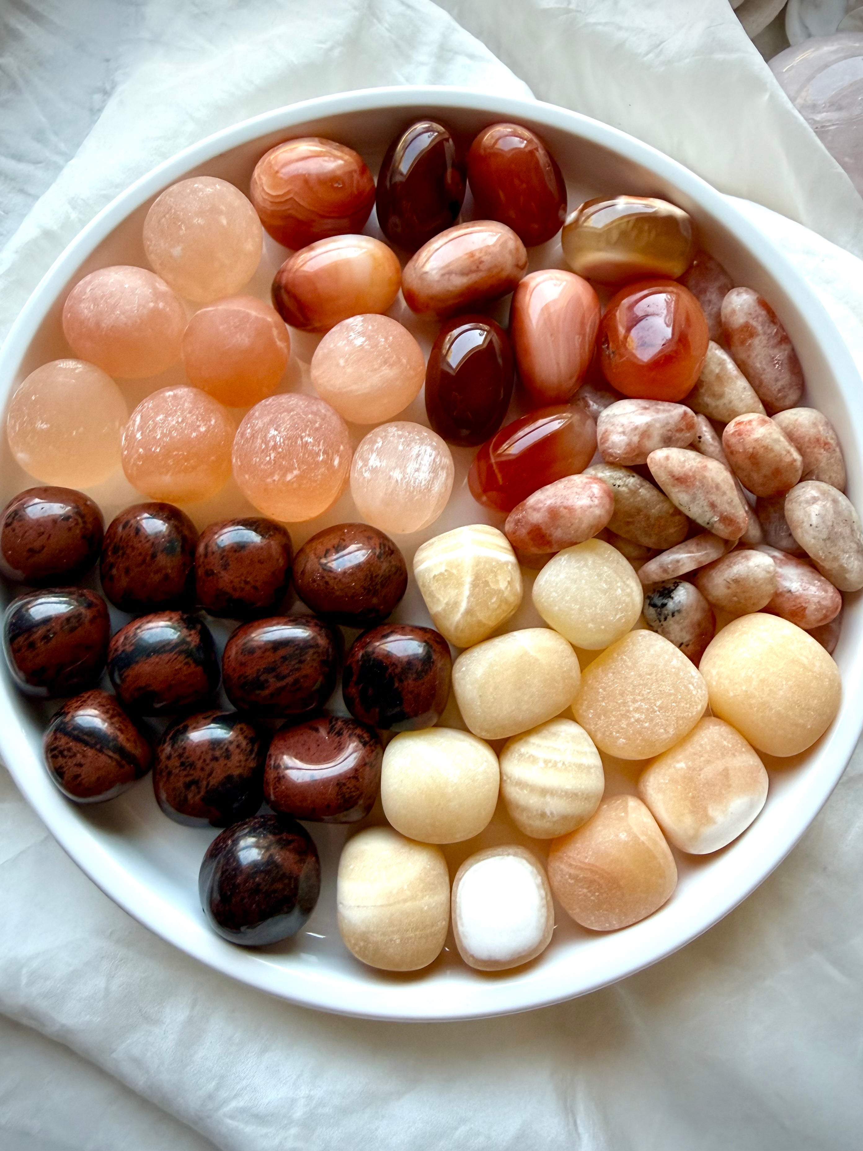 Orange Calcite, Carnelian, Peach Selenite, Mahogany Obsidian, and Sunstone crystal set for Sacral Chakra healing