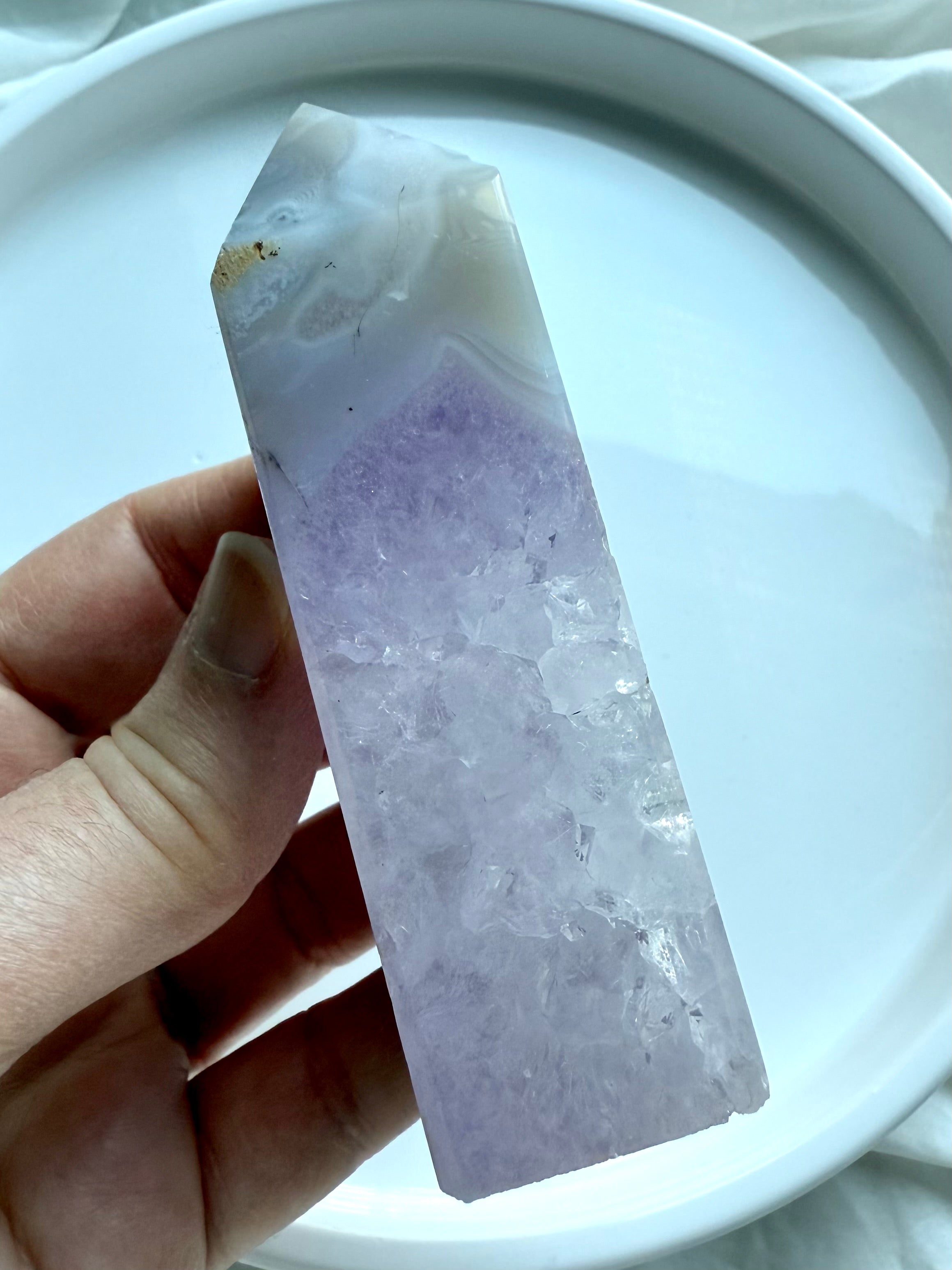 Amethyst Geode crystal point with natural purple druzy and milky agate edge
