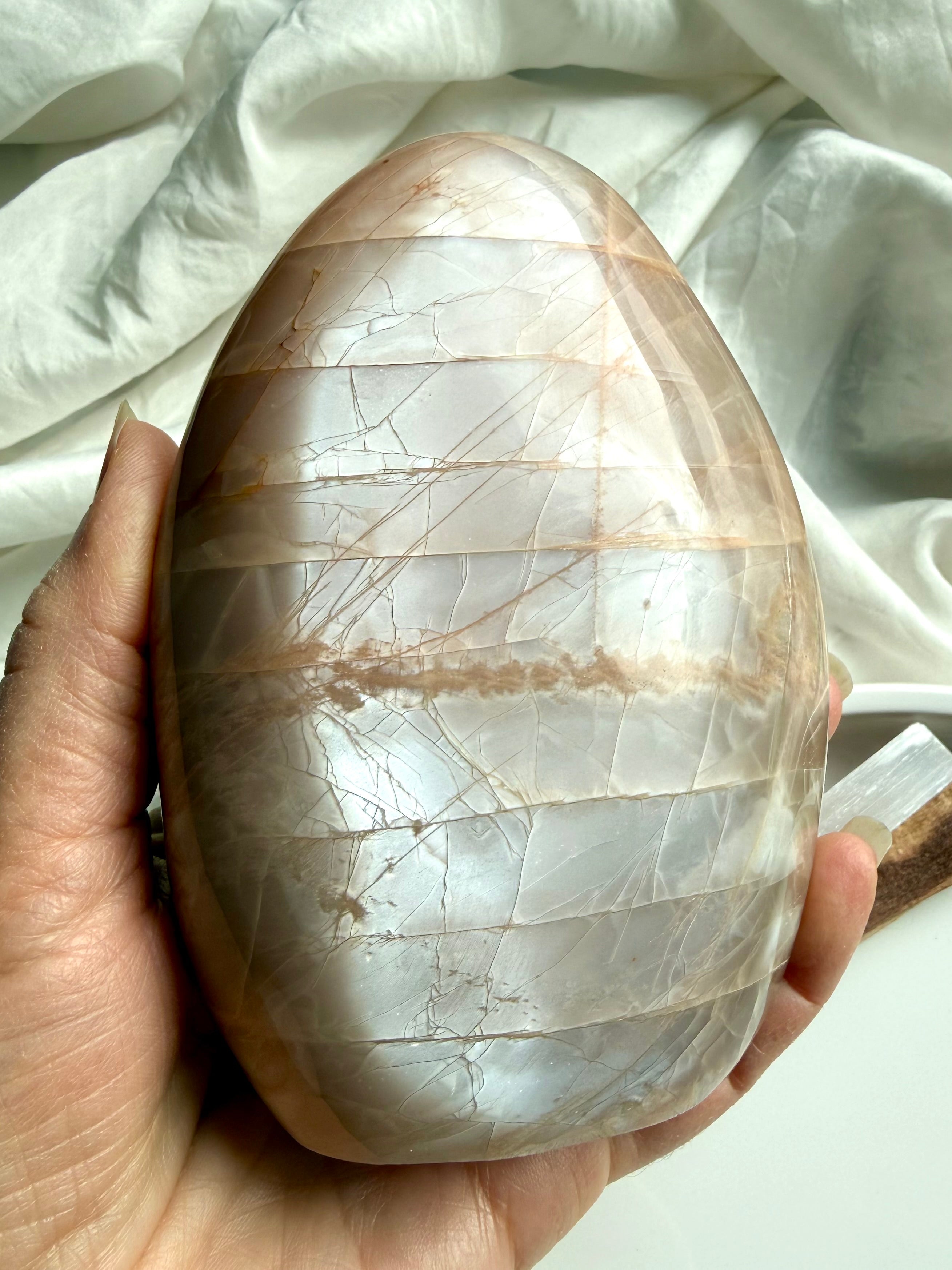 Peach Moonstone freeform with silvery flash and shimmer for intuition, emotional healing, and feminine energy