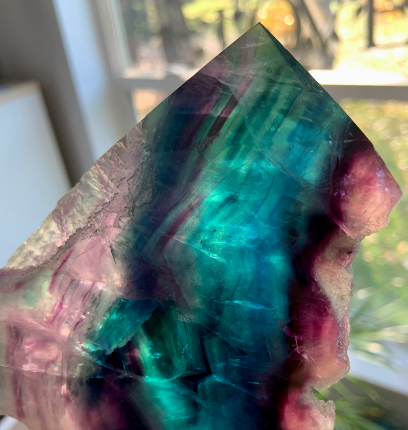 Teal, Blue + Purple Fluorite Tower with Natural Cubic Edges
