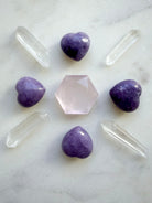 Lilac Lepidolite heart crystal grid with Rose Quartz Hexagon and Clear Quartz points for peace, emotional healing, and self-love