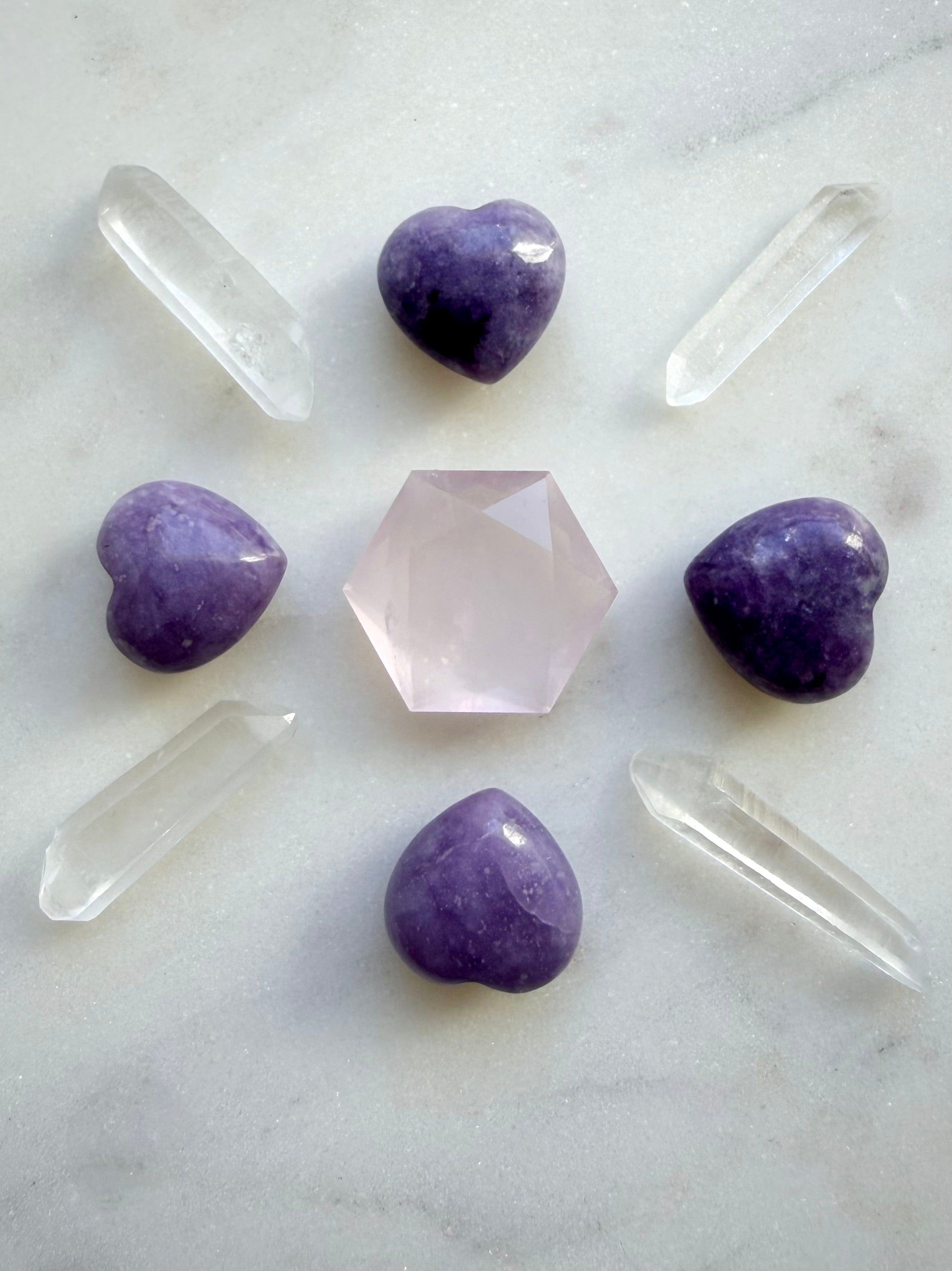 Lilac Lepidolite heart crystal grid with Rose Quartz Hexagon and Clear Quartz points for peace, emotional healing, and self-love