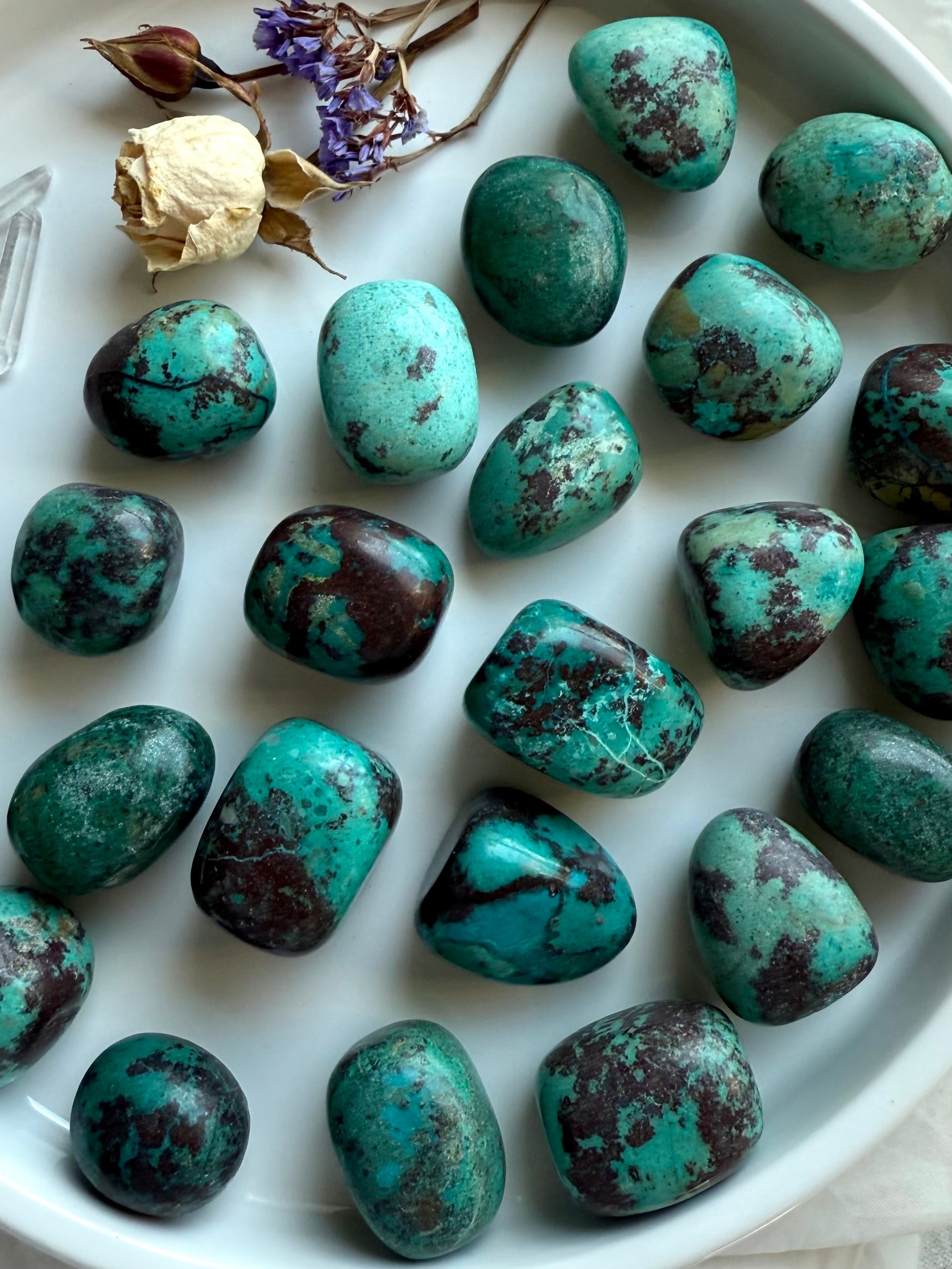 Overhead view of Chrysocolla tumbled stones, each unique with turquoise, teal, and rusty red mineral variations, polished pocket stones.