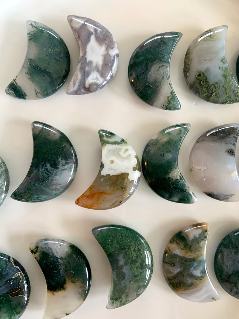 Moss Agate Crescent Moons