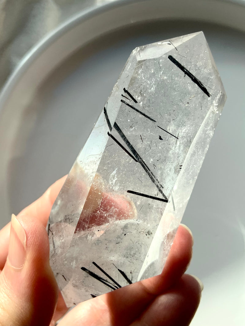 Double Terminated Black Tourmaline in Quartz Point shown in my hand with a white plate in the background. High Quality Tourmalated Quartz makes a great Crystal Collector Gift