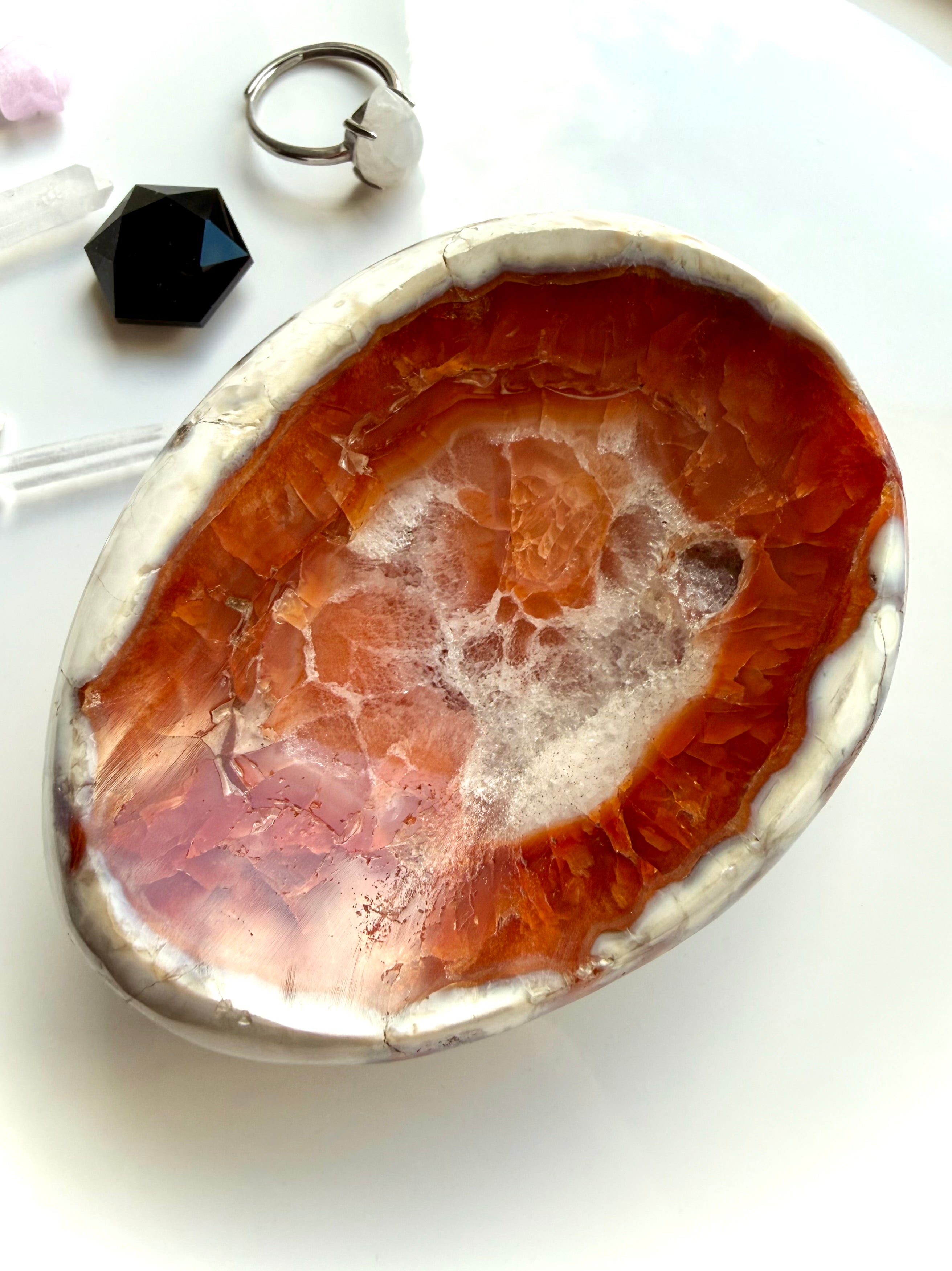 carnelian crystal bowl with white quartz center and agate banding polished natural stone dish for jewelry and altar use